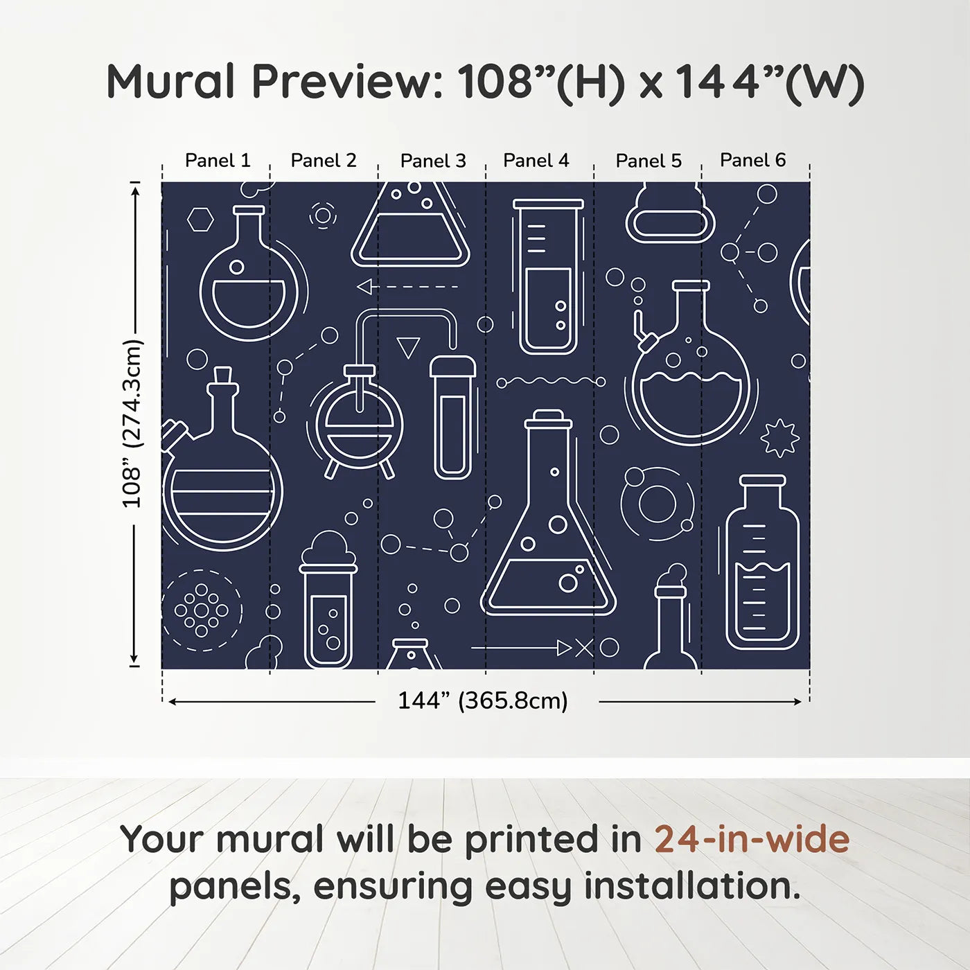 Whimsy Tots Chemistry Lab Line Art Wall Muraldimension view (108" H x 144" W). Printed in six 24-inch-wide panels. Gender-Neutral