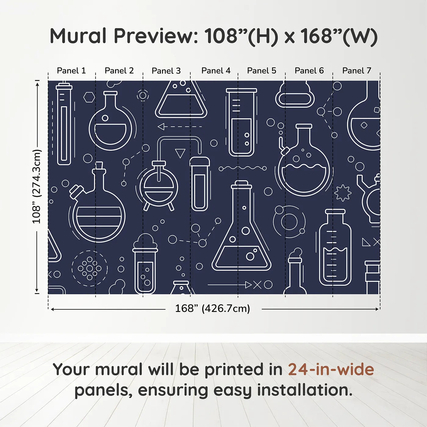 Whimsy Tots Chemistry Lab Line Art Wall Muraldimension view (108" H x 168" W). Printed in seven 24-inch-wide panels. Gender-Neutral