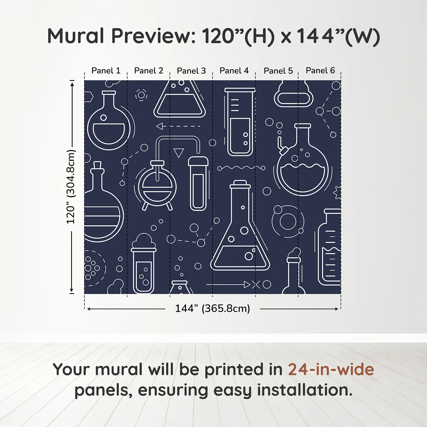 Whimsy Tots Chemistry Lab Line Art Wall Muraldimension view (120" H x 144" W). Printed in six 24-inch-wide panels. Gender-Neutral