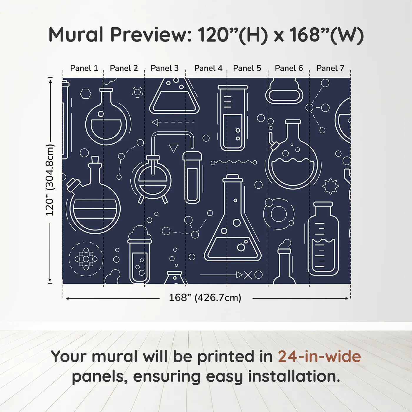 Whimsy Tots Chemistry Lab Line Art Wall Muraldimension view (120" H x 168" W). Printed in seven 24-inch-wide panels. Gender-Neutral