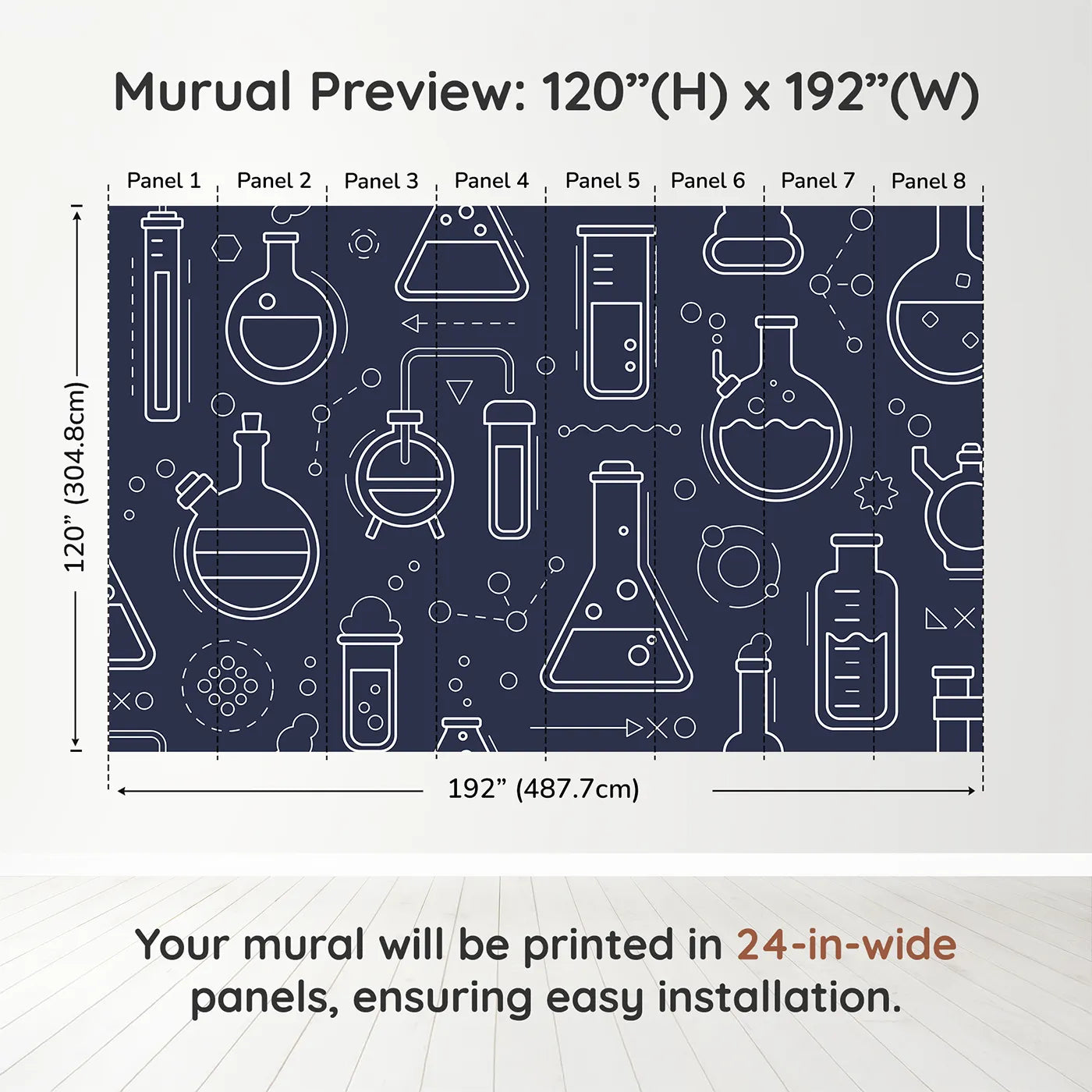Whimsy Tots Chemistry Lab Line Art Wall Muraldimension view (120" H x 192" W). Printed in eight 24-inch-wide panels. Gender-Neutral
