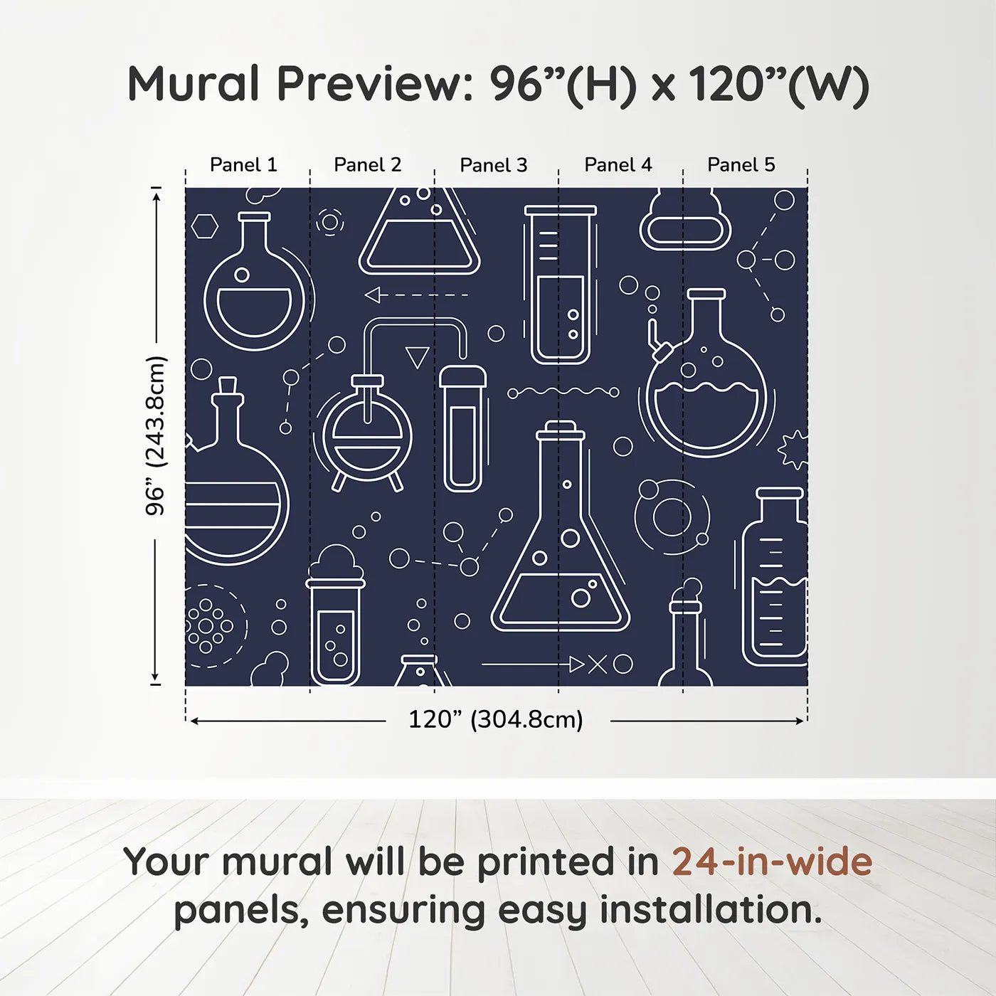 Whimsy Tots Chemistry Lab Line Art Wall Muraldimension view (96" H x 120" W). Printed in five 24-inch-wide panels. Gender-Neutral