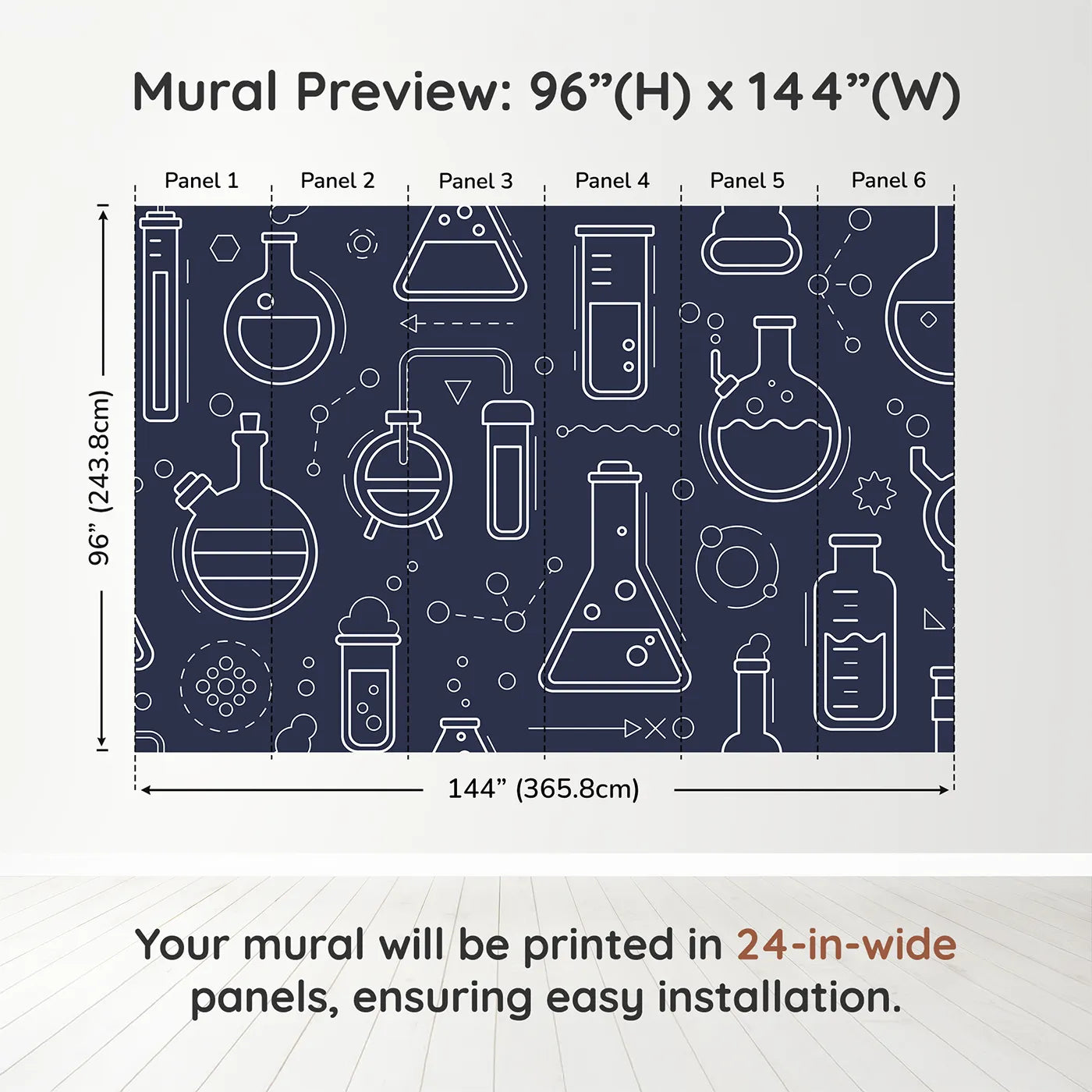 Whimsy Tots Chemistry Lab Line Art Wall Muraldimension view (96" H x 144" W). Printed in six 24-inch-wide panels. Gender-Neutral