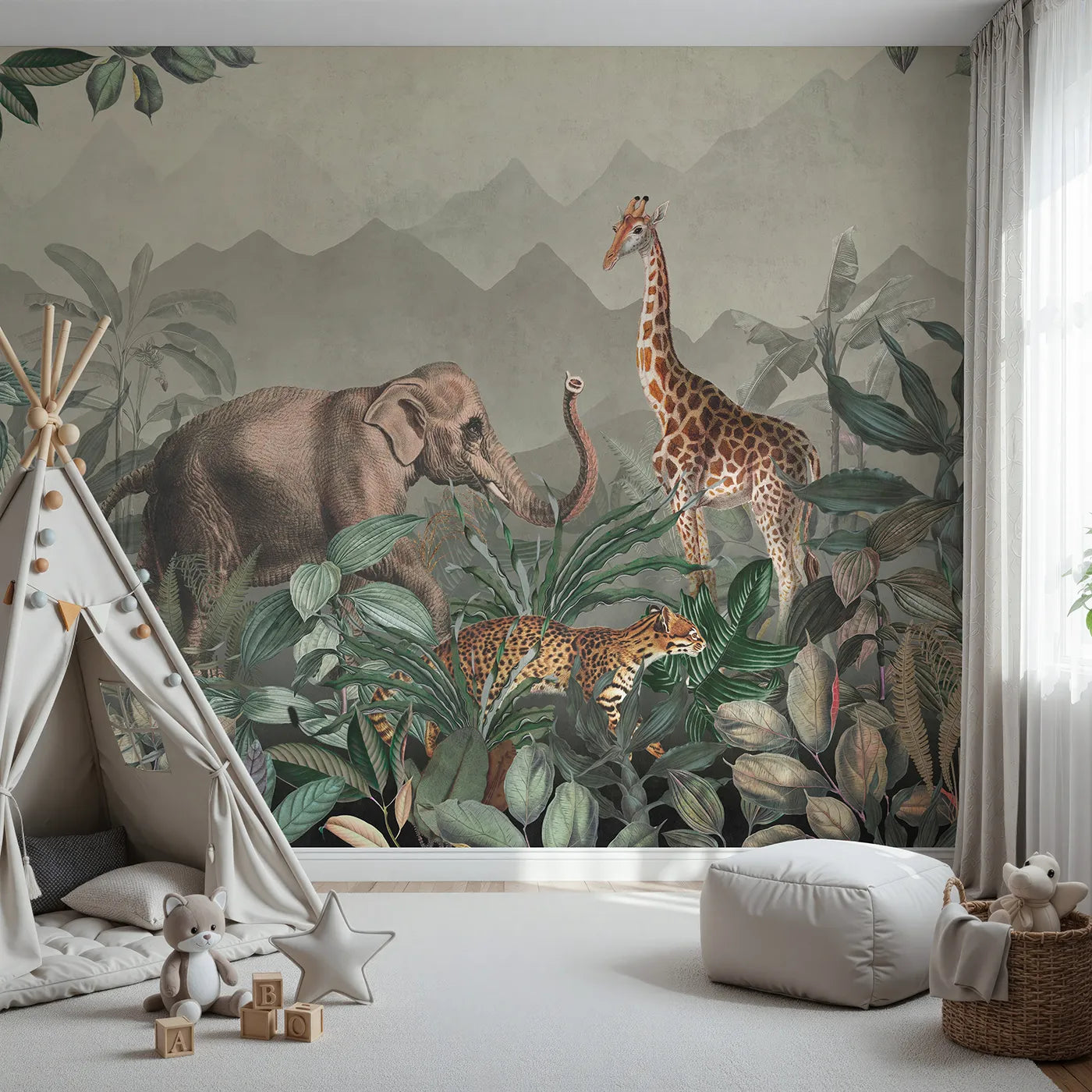 Front view of Whimsy Tots' Vintage Jungle Safari Wall Mural