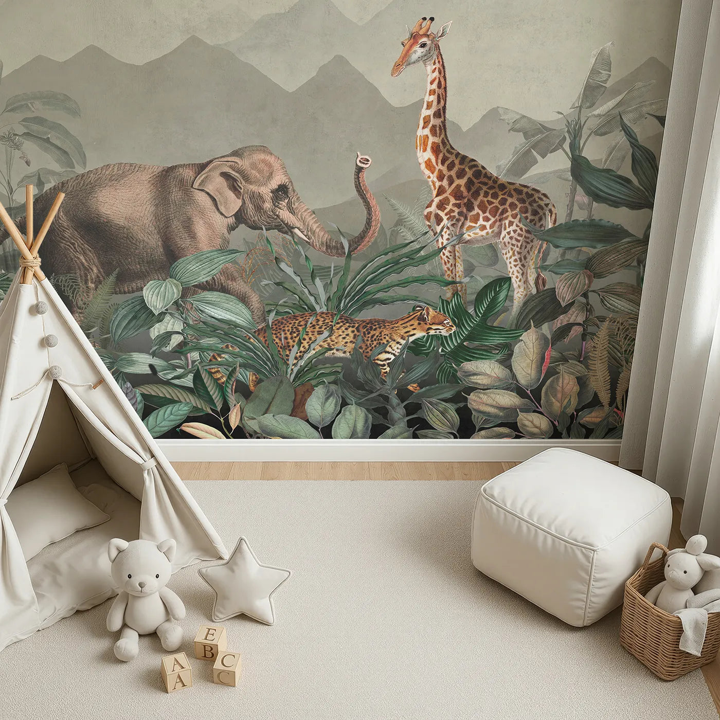 Top-down view of Whimsy Tots' Vintage Jungle Safari Wall Mural (Turn Their Room into a Classic, Old-World Expedition).Gender-Neutral