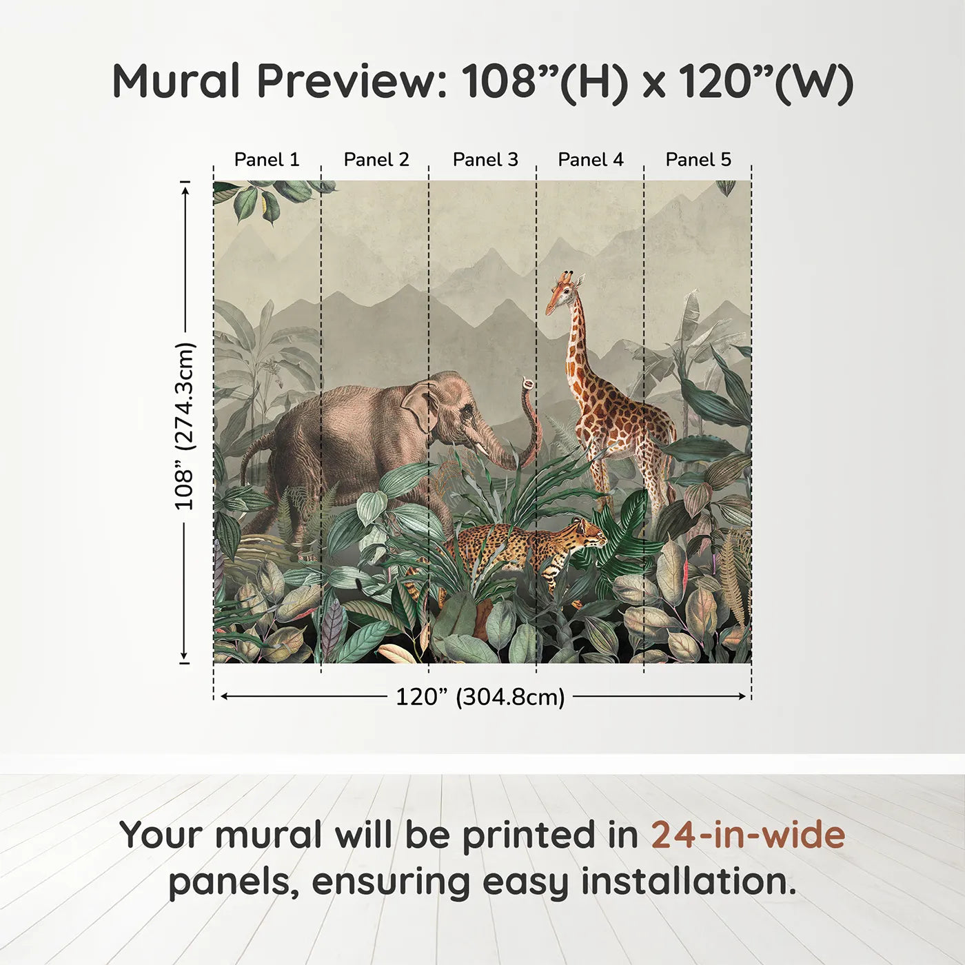 Whimsy Tots Vintage Jungle Safari Wall Muraldimension view (108" H x 120" W). Printed in five 24-inch-wide panels. Gender-Neutral