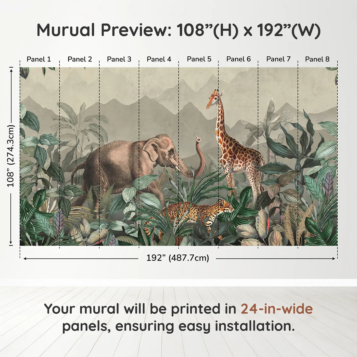 Whimsy Tots Vintage Jungle Safari Wall Muraldimension view (108" H x 192" W). Printed in eight 24-inch-wide panels. Gender-Neutral