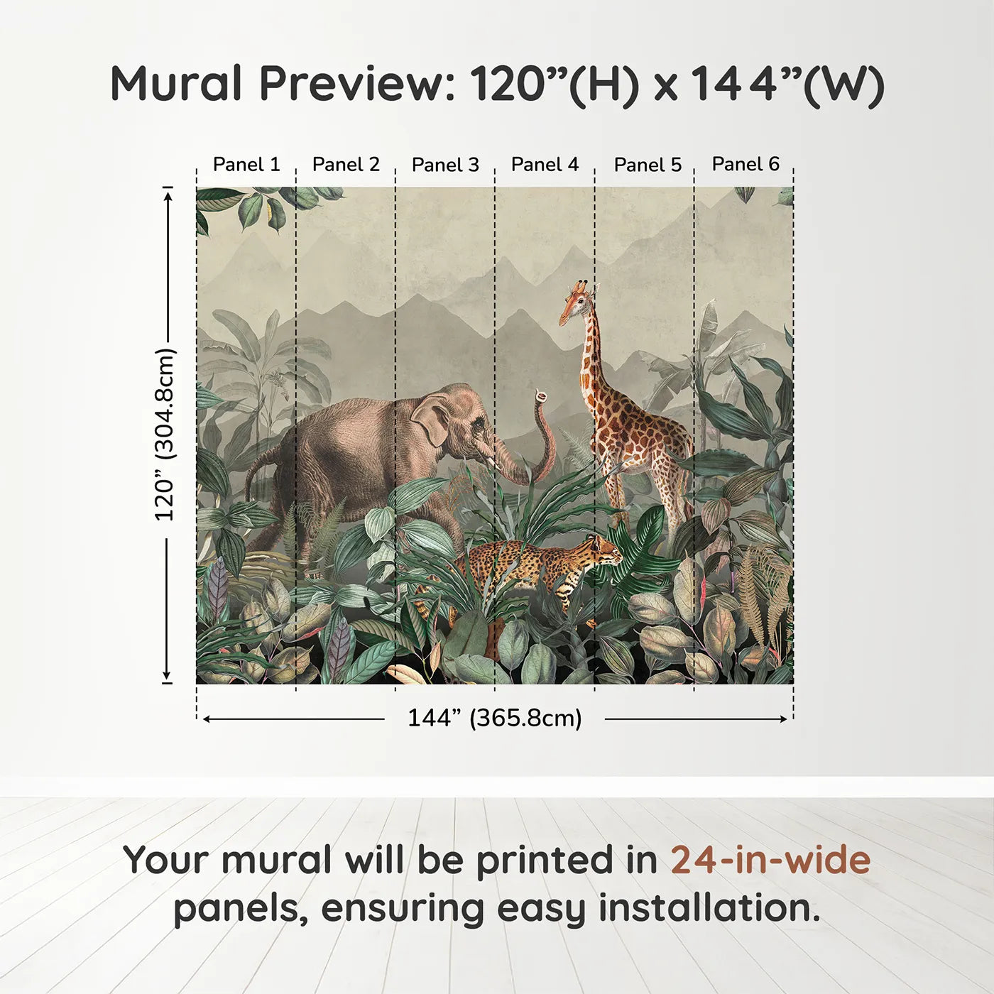 Whimsy Tots Vintage Jungle Safari Wall Muraldimension view (120" H x 144" W). Printed in six 24-inch-wide panels. Gender-Neutral