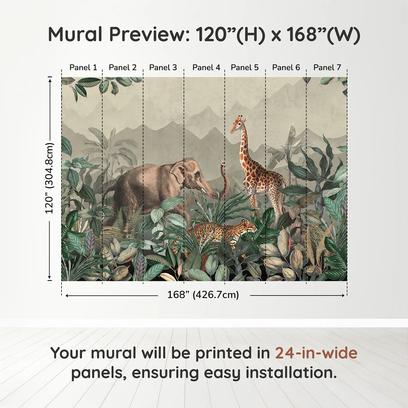 Whimsy Tots Vintage Jungle Safari Wall Muraldimension view (120" H x 168" W). Printed in seven 24-inch-wide panels. Gender-Neutral