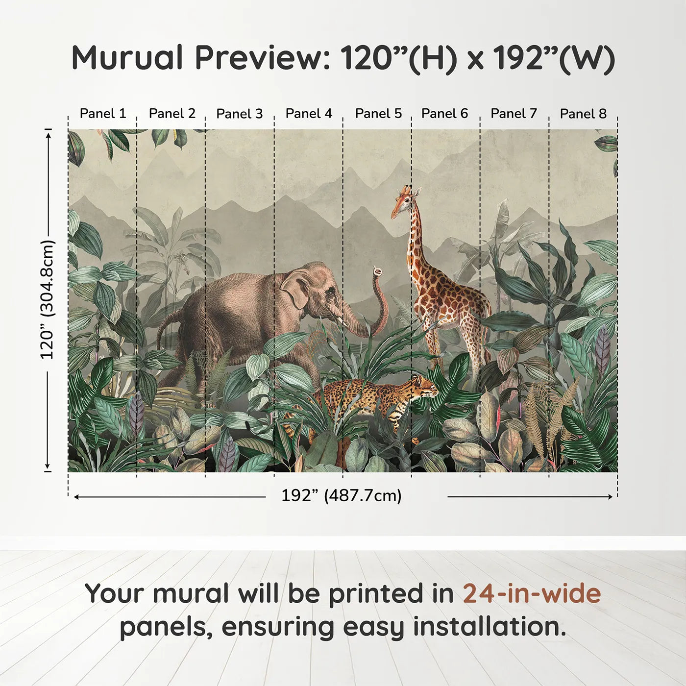 Whimsy Tots Vintage Jungle Safari Wall Muraldimension view (120" H x 192" W). Printed in eight 24-inch-wide panels. Gender-Neutral