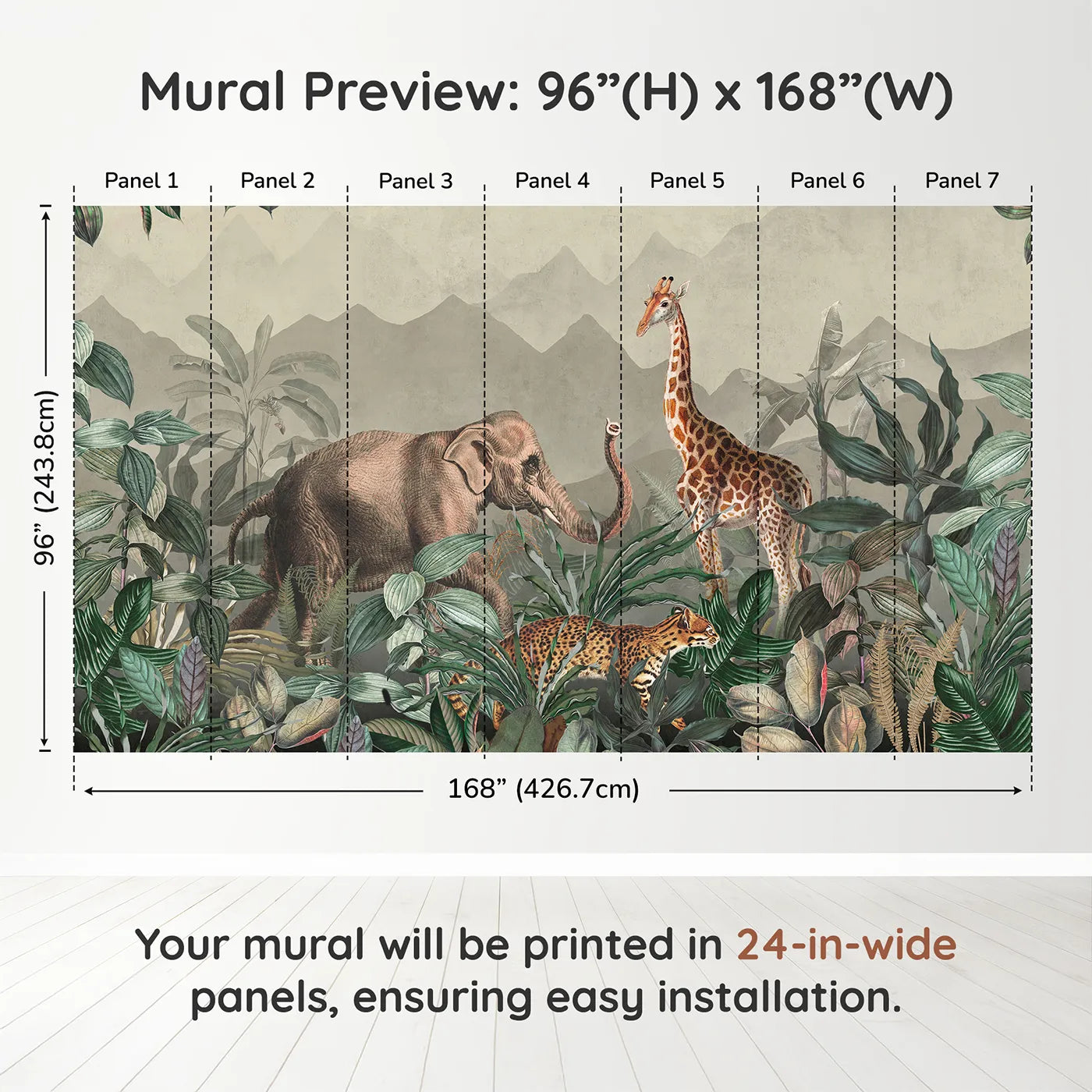 Whimsy Tots Vintage Jungle Safari Wall Muraldimension view (96" H x 168" W). Printed in seven 24-inch-wide panels. Gender-Neutral