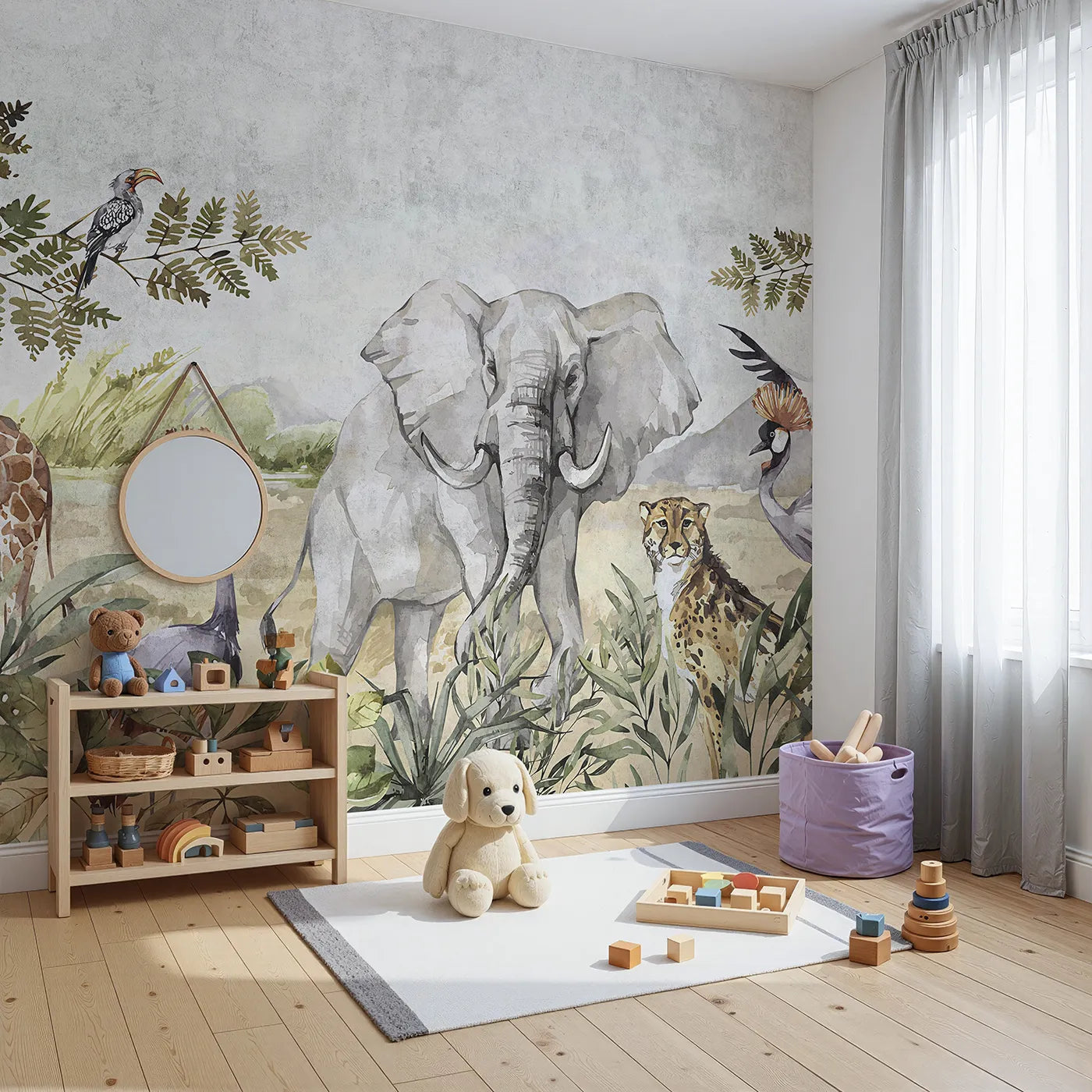 Angled view of Whimsy Tots' Watercolor Savannah Wall Mural (Turn Their Room into a Majestic, Painted African Plain).Gender-Neutral