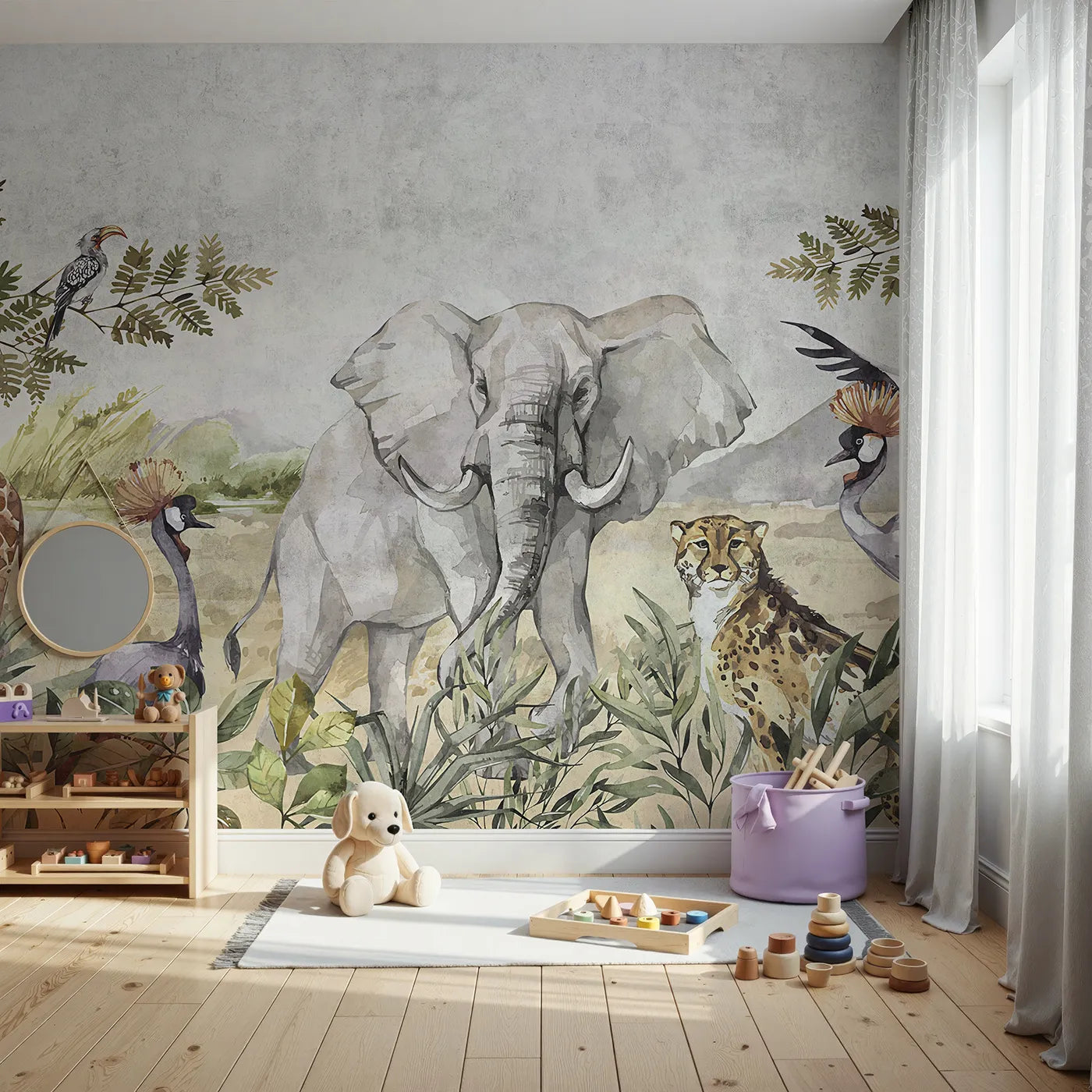 Front view of Whimsy Tots' Watercolor Savannah Wall Mural