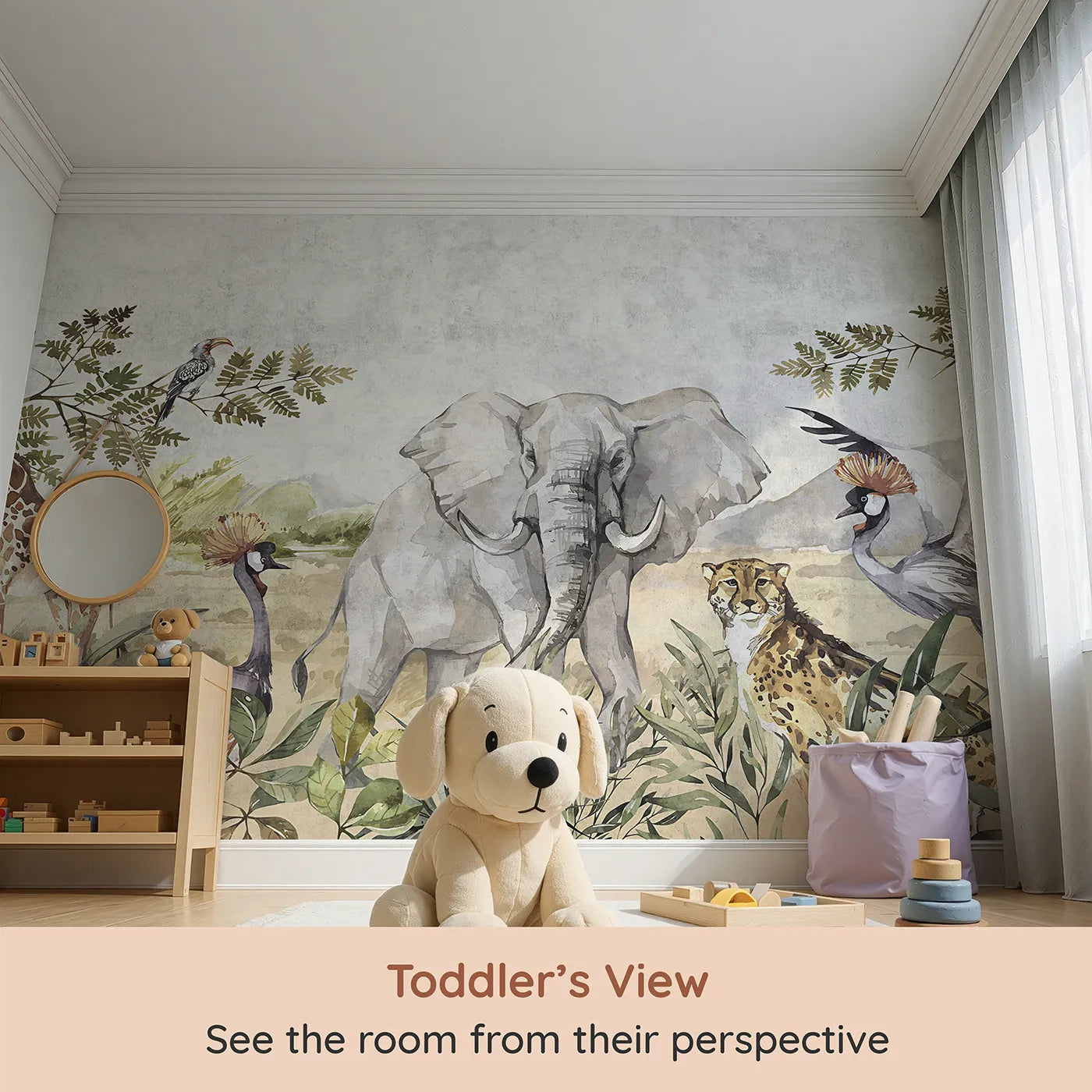 Whimsy Tots Watercolor Savannah Wall Mural (Turn Their Room into a Majestic, Painted African Plain) from your child's view.Gender-Neutral