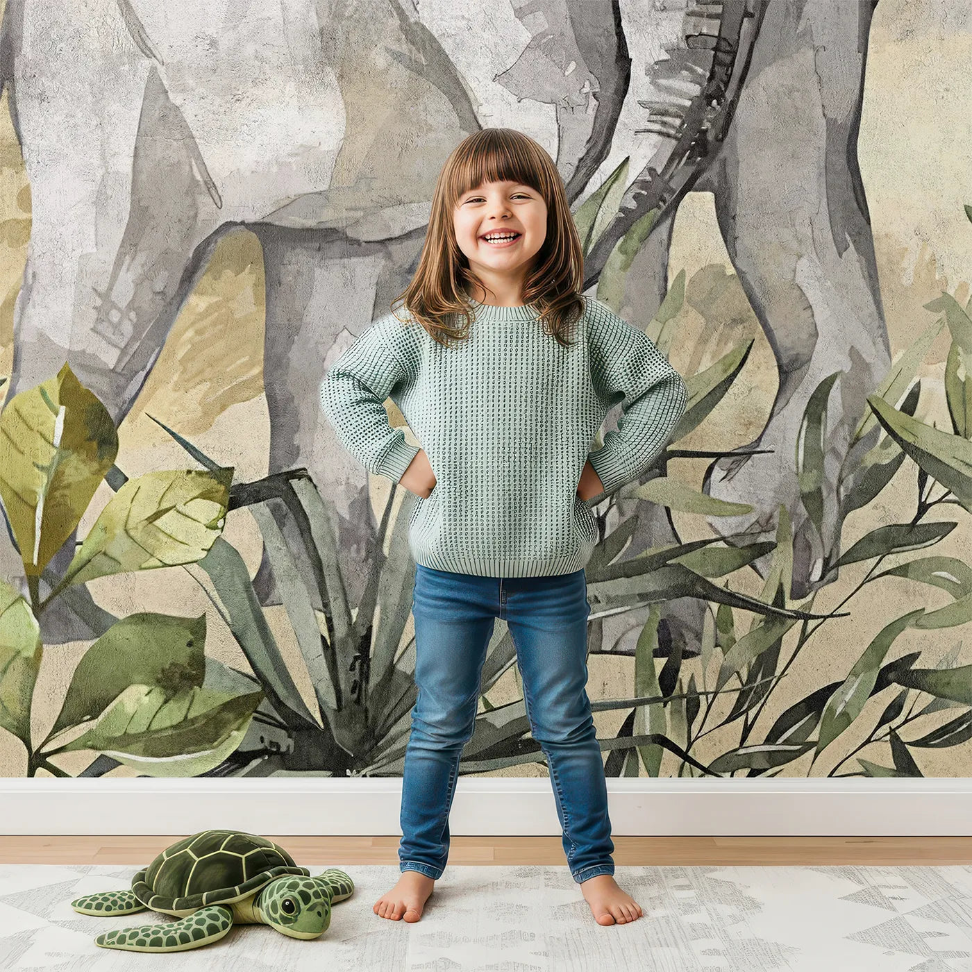 Child in front of Whimsy Tots Watercolor Savannah Wall Mural with safari, animal, savannah, watercolor, elephant, giraffe, cheetah, realistic in design.