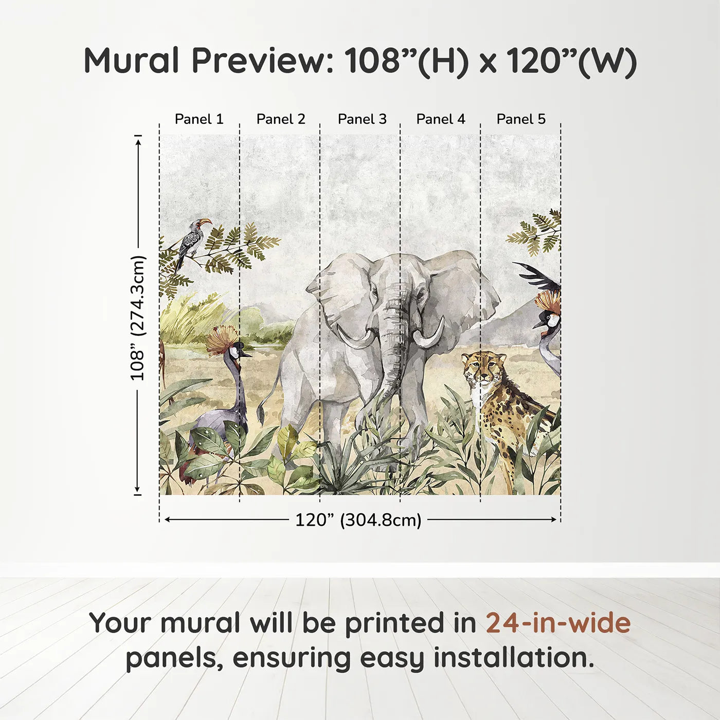 Whimsy Tots Watercolor Savannah Wall Muraldimension view (108" H x 120" W). Printed in five 24-inch-wide panels. Gender-Neutral