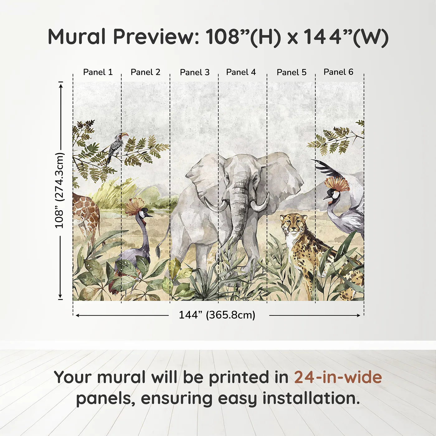 Whimsy Tots Watercolor Savannah Wall Muraldimension view (108" H x 144" W). Printed in six 24-inch-wide panels. Gender-Neutral
