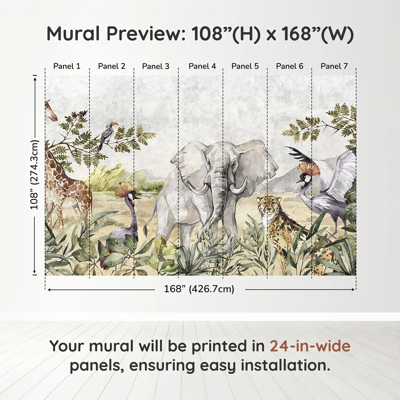 Whimsy Tots Watercolor Savannah Wall Muraldimension view (108" H x 168" W). Printed in seven 24-inch-wide panels. Gender-Neutral