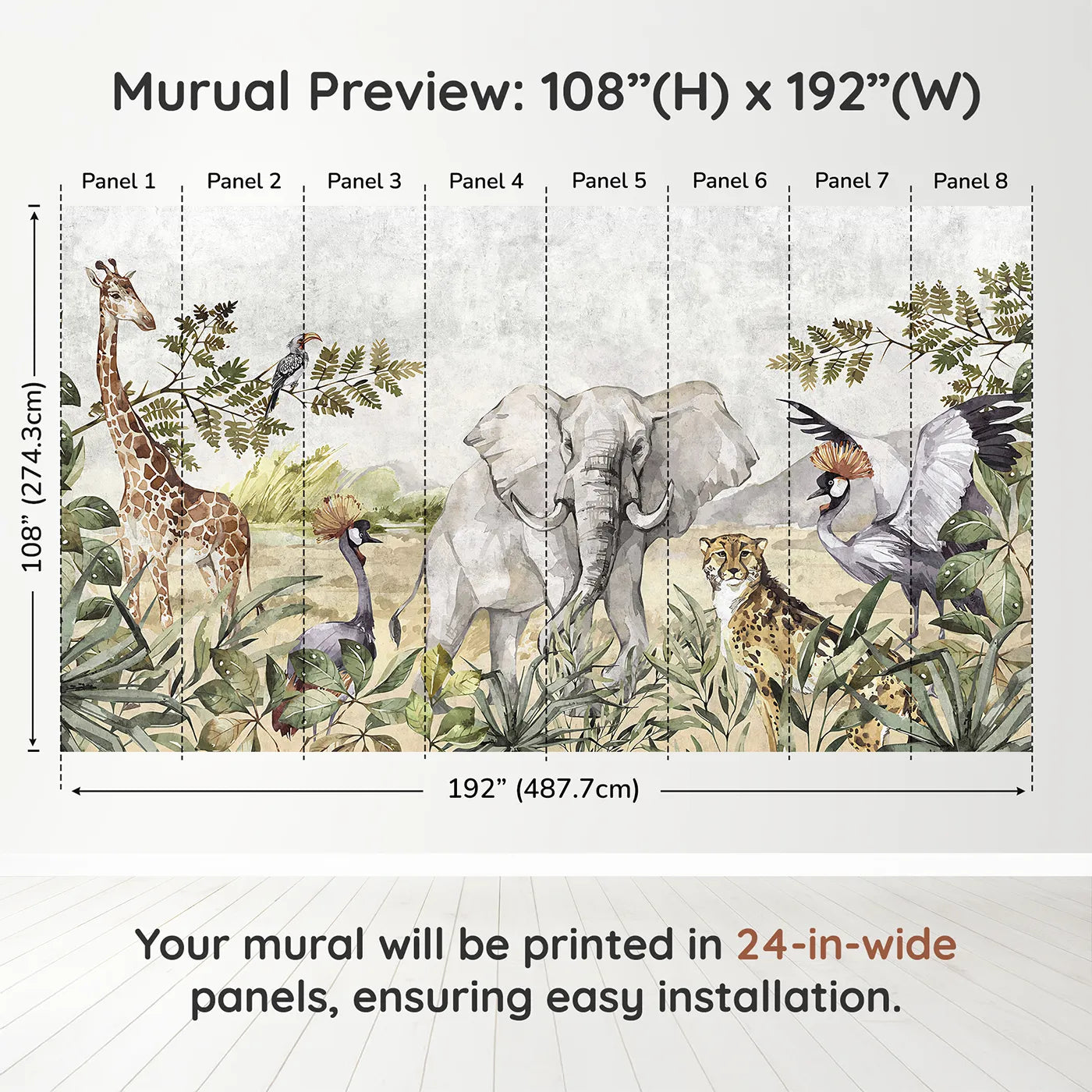 Whimsy Tots Watercolor Savannah Wall Muraldimension view (108" H x 192" W). Printed in eight 24-inch-wide panels. Gender-Neutral