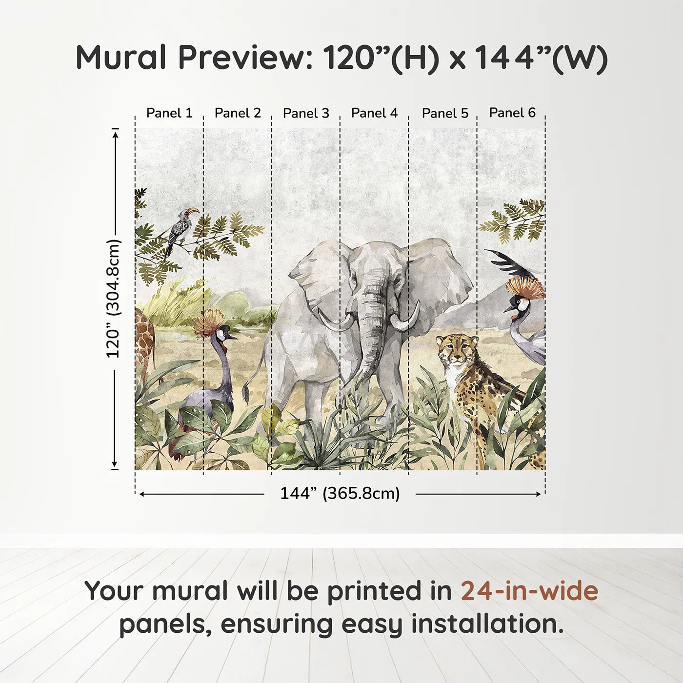 Whimsy Tots Watercolor Savannah Wall Muraldimension view (120" H x 144" W). Printed in six 24-inch-wide panels. Gender-Neutral