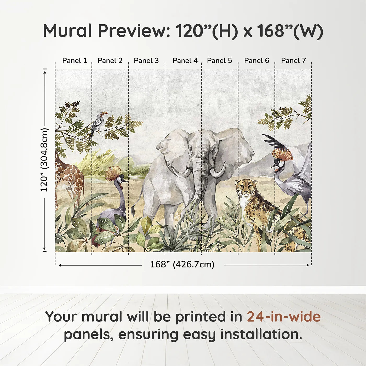 Whimsy Tots Watercolor Savannah Wall Muraldimension view (120" H x 168" W). Printed in seven 24-inch-wide panels. Gender-Neutral