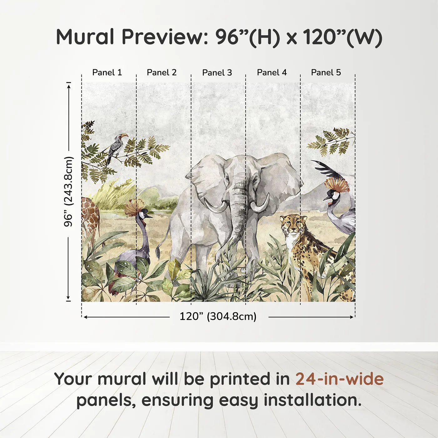 Whimsy Tots Watercolor Savannah Wall Muraldimension view (96" H x 120" W). Printed in five 24-inch-wide panels. Gender-Neutral