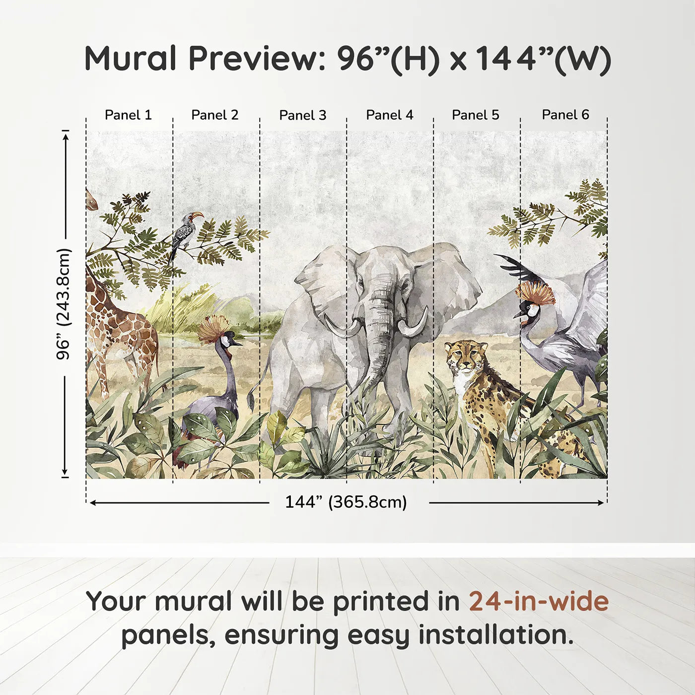 Whimsy Tots Watercolor Savannah Wall Muraldimension view (96" H x 144" W). Printed in six 24-inch-wide panels. Gender-Neutral