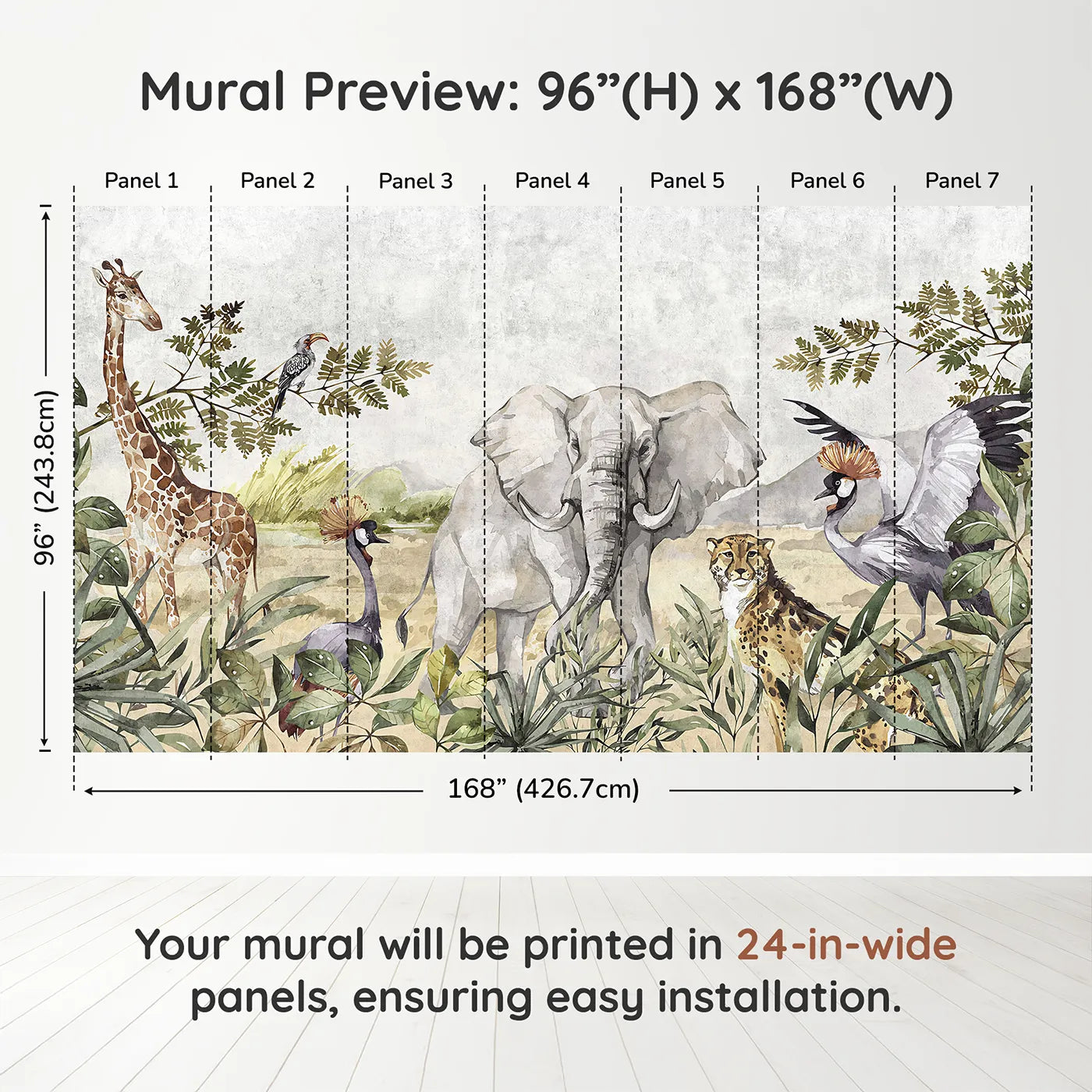 Whimsy Tots Watercolor Savannah Wall Muraldimension view (96" H x 168" W). Printed in seven 24-inch-wide panels. Gender-Neutral