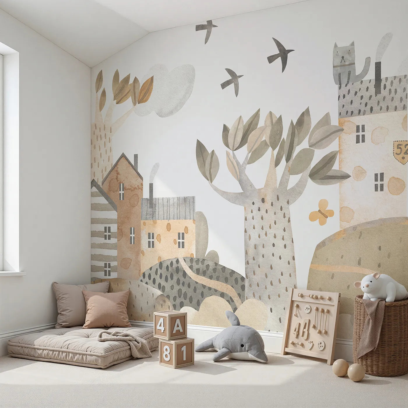 Angled view of Whimsy Tots' Neutral Town Street Wall Mural (Turn Their Room into the Sweetest, Most Charming Village).Gender-Neutral