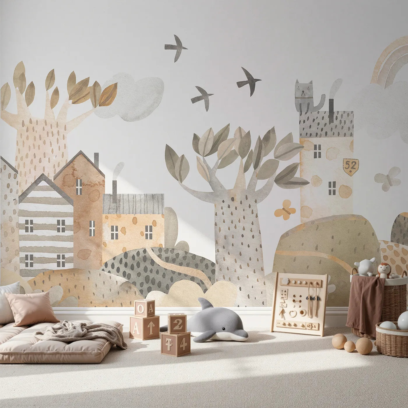 Front view of Whimsy Tots' Neutral Town Street Wall Mural