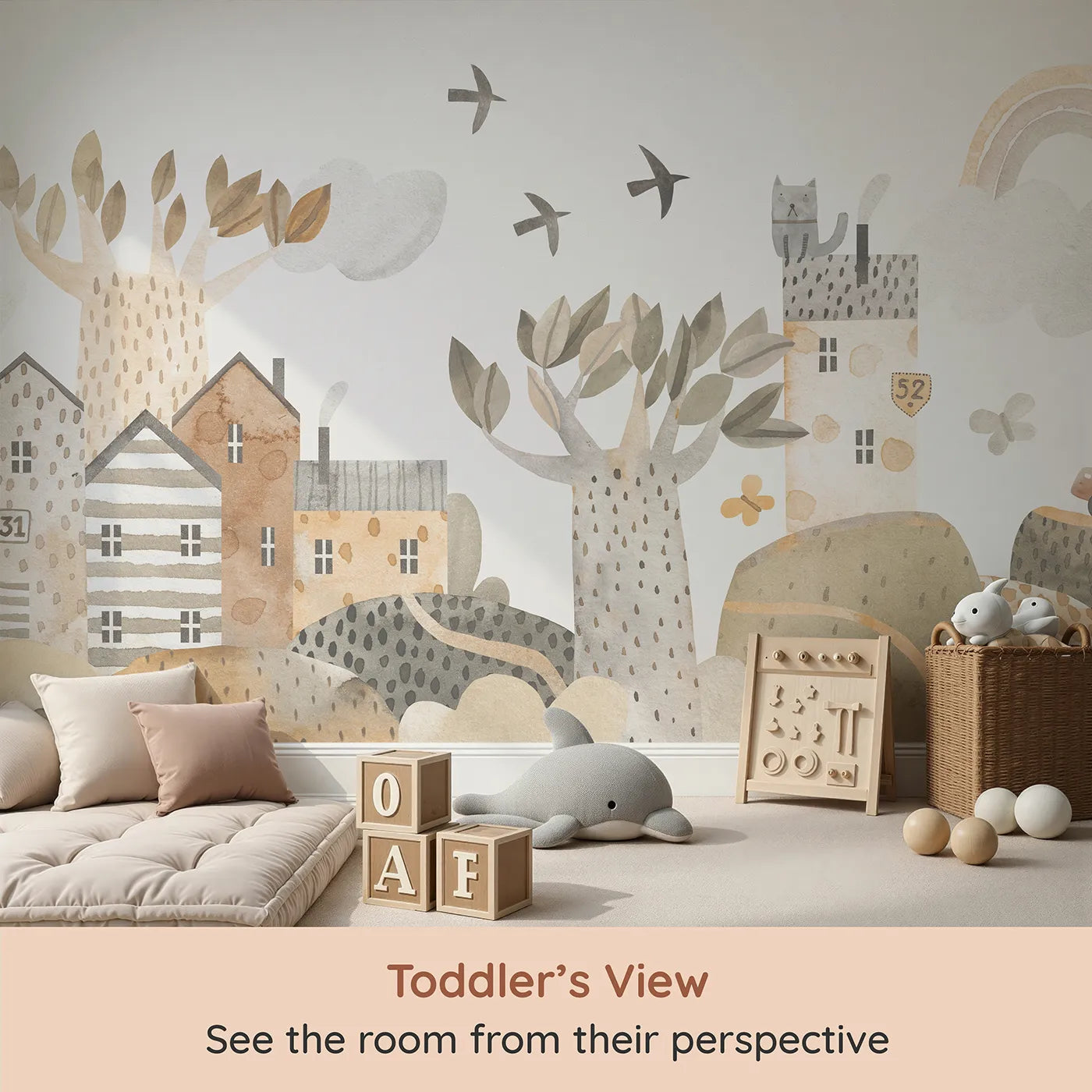 Whimsy Tots Neutral Town Street Wall Mural (Turn Their Room into the Sweetest, Most Charming Village) from your child's view.Gender-Neutral