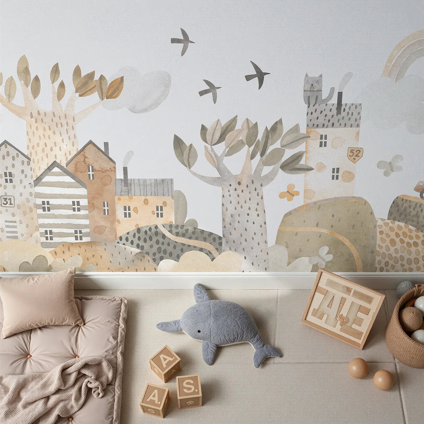 Top-down view of Whimsy Tots' Neutral Town Street Wall Mural (Turn Their Room into the Sweetest, Most Charming Village).Gender-Neutral
