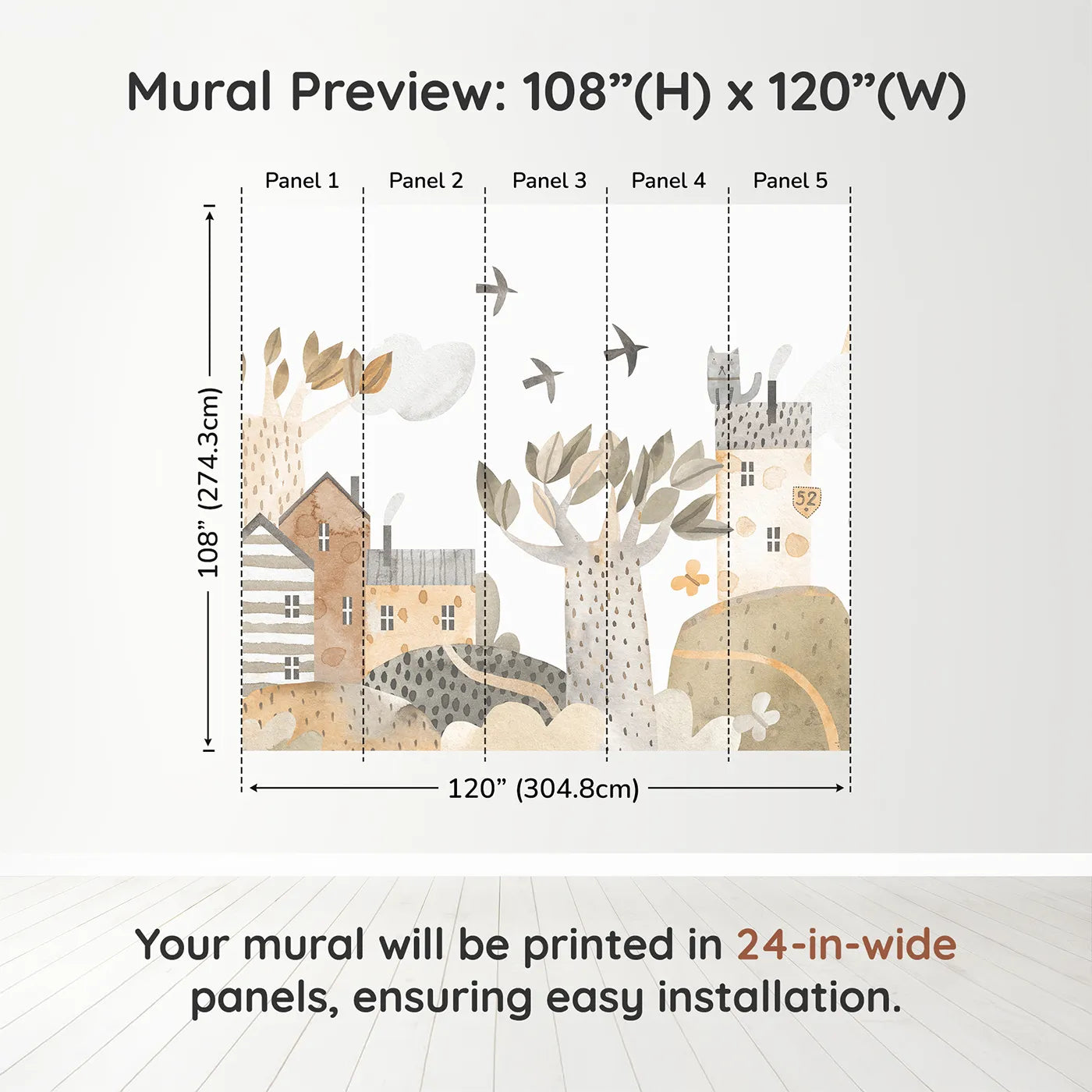 Whimsy Tots Neutral Town Street Wall Muraldimension view (108" H x 120" W). Printed in five 24-inch-wide panels. Gender-Neutral
