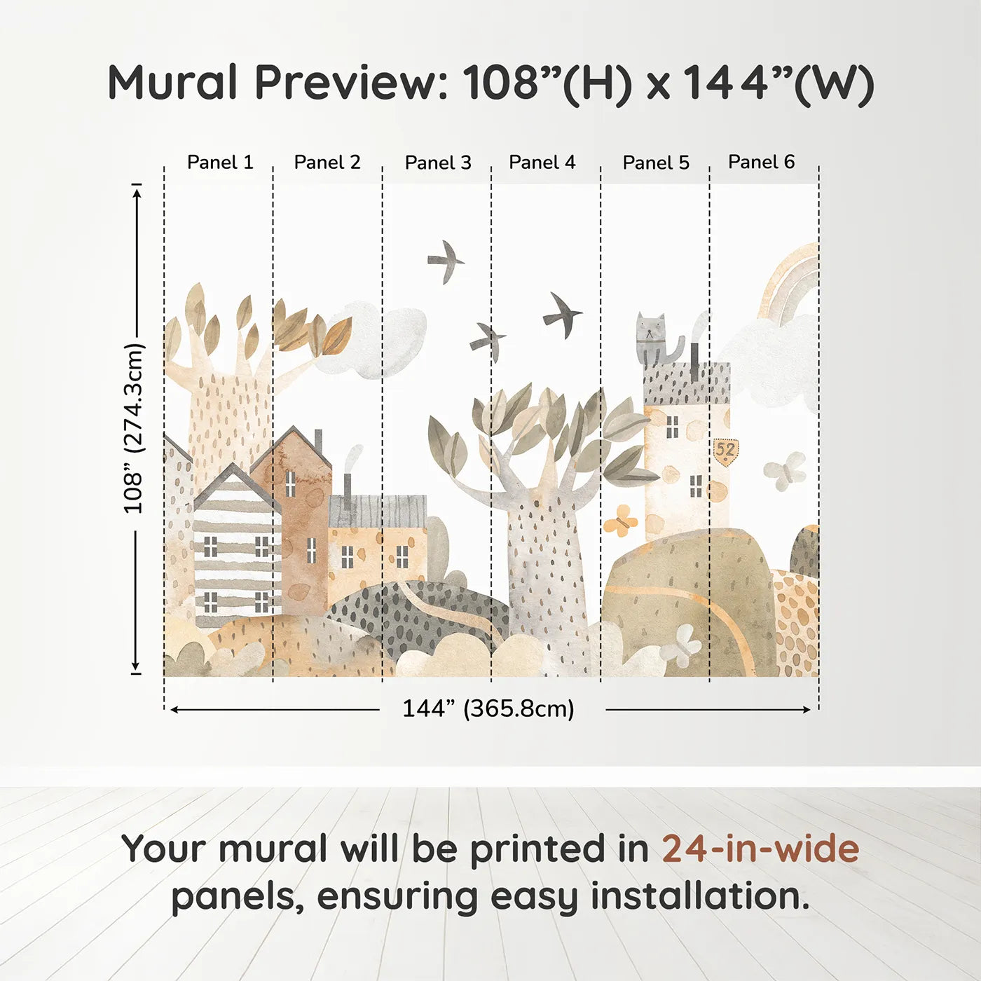 Whimsy Tots Neutral Town Street Wall Muraldimension view (108" H x 144" W). Printed in six 24-inch-wide panels. Gender-Neutral