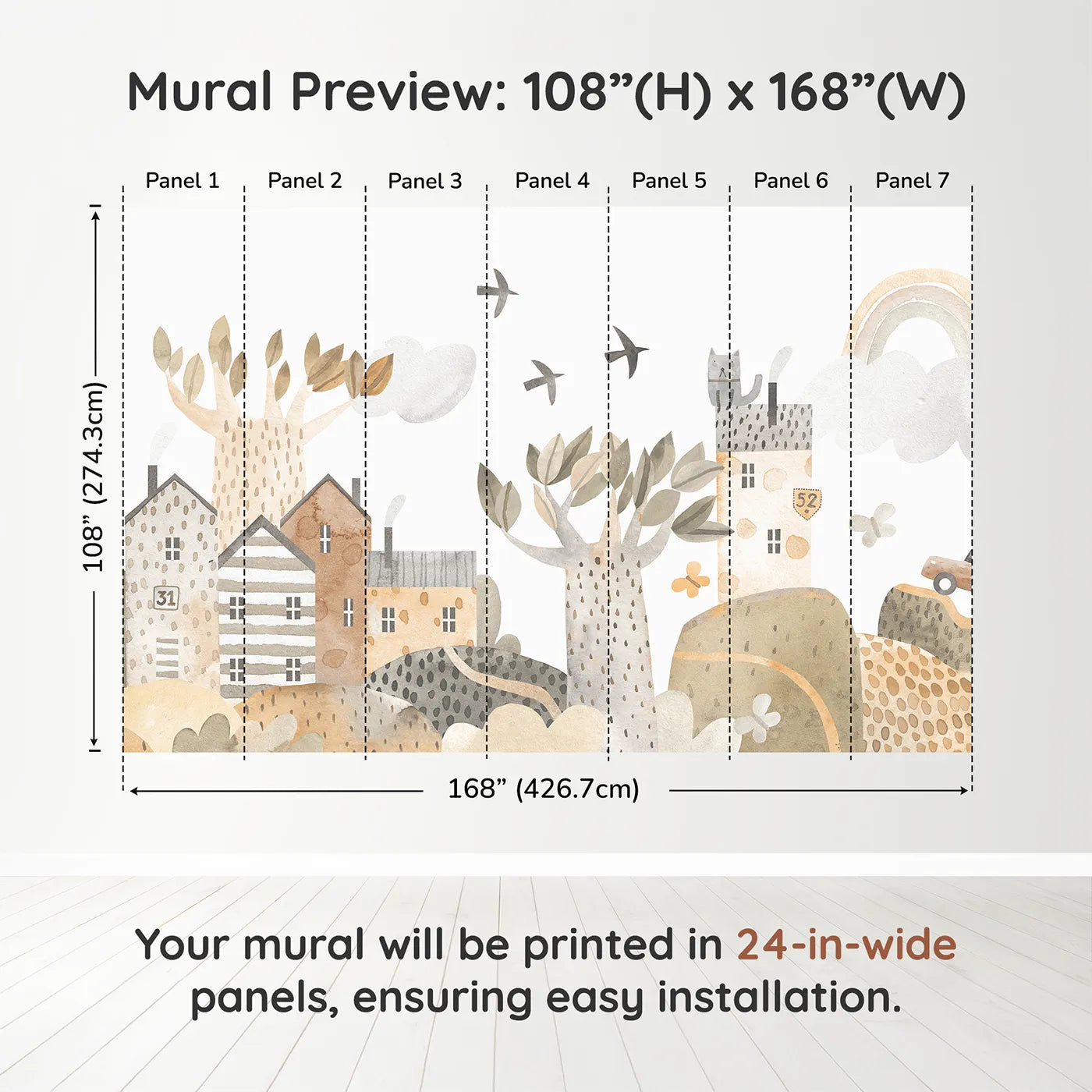 Whimsy Tots Neutral Town Street Wall Muraldimension view (108" H x 168" W). Printed in seven 24-inch-wide panels. Gender-Neutral