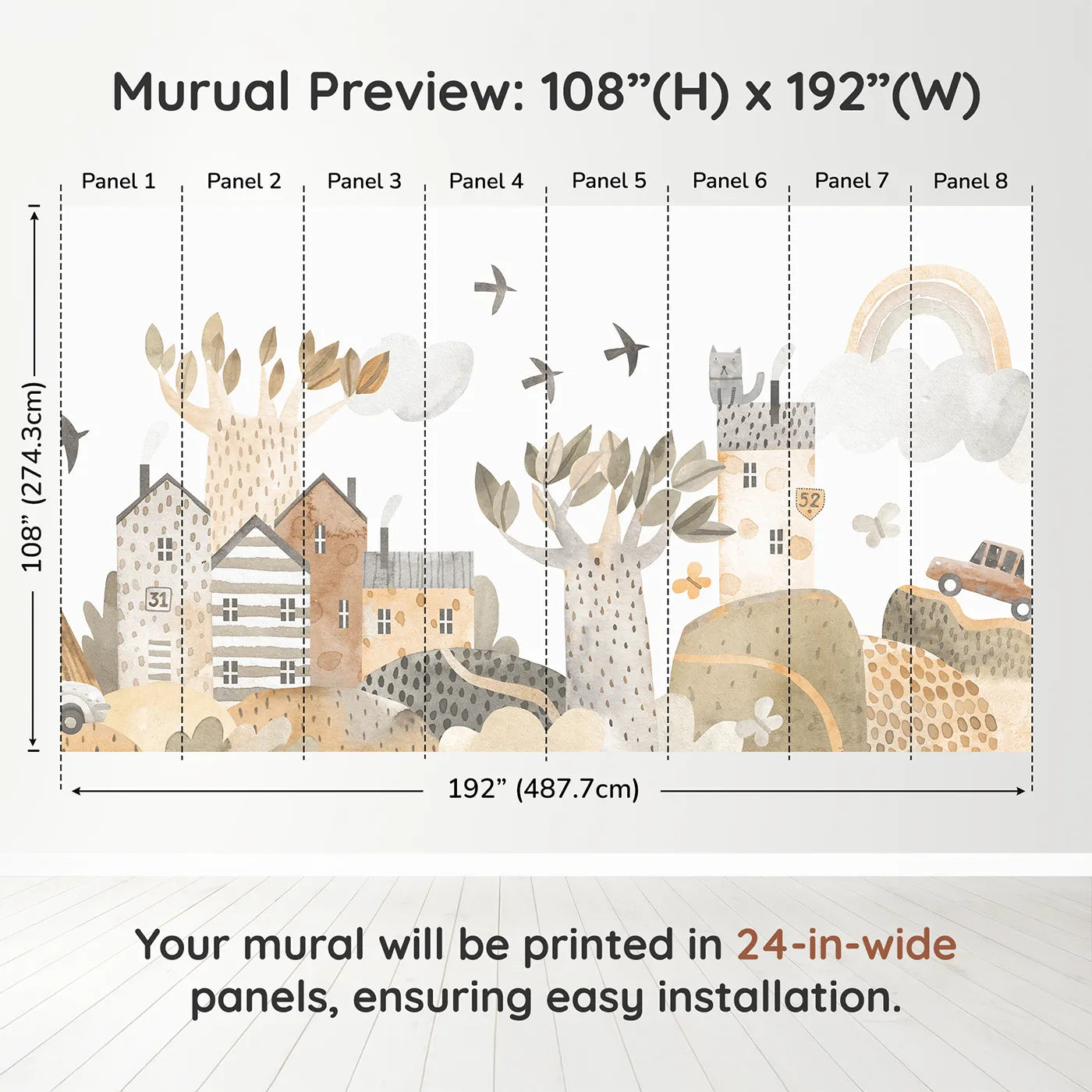 Whimsy Tots Neutral Town Street Wall Muraldimension view (108" H x 192" W). Printed in eight 24-inch-wide panels. Gender-Neutral