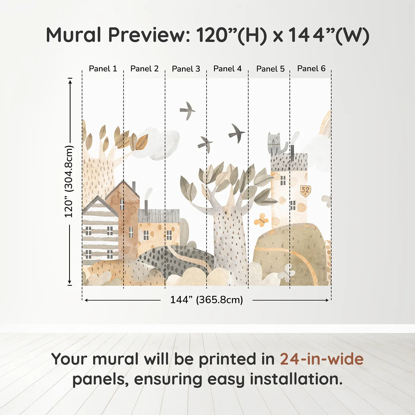 Whimsy Tots Neutral Town Street Wall Muraldimension view (120" H x 144" W). Printed in six 24-inch-wide panels. Gender-Neutral
