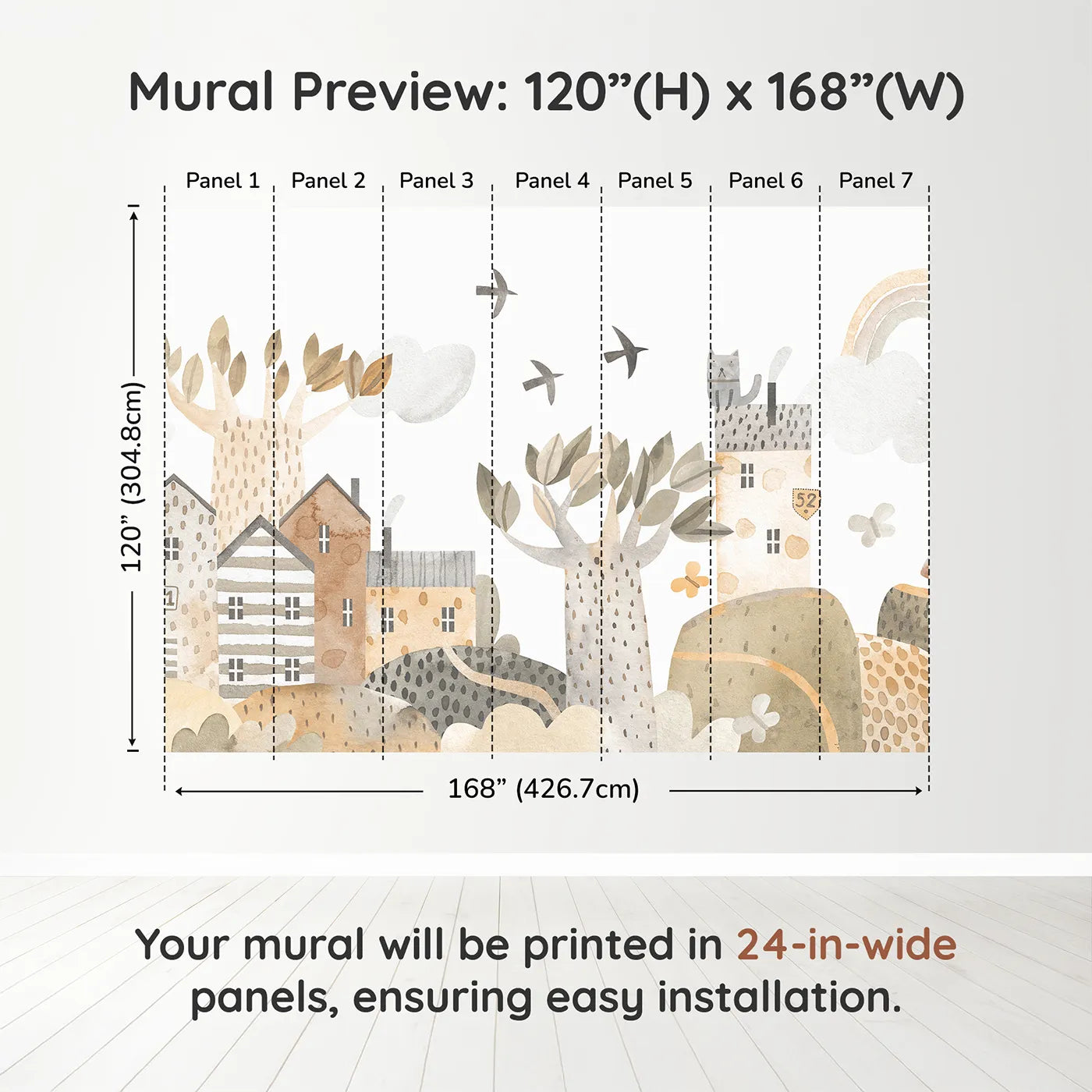 Whimsy Tots Neutral Town Street Wall Muraldimension view (120" H x 168" W). Printed in seven 24-inch-wide panels. Gender-Neutral