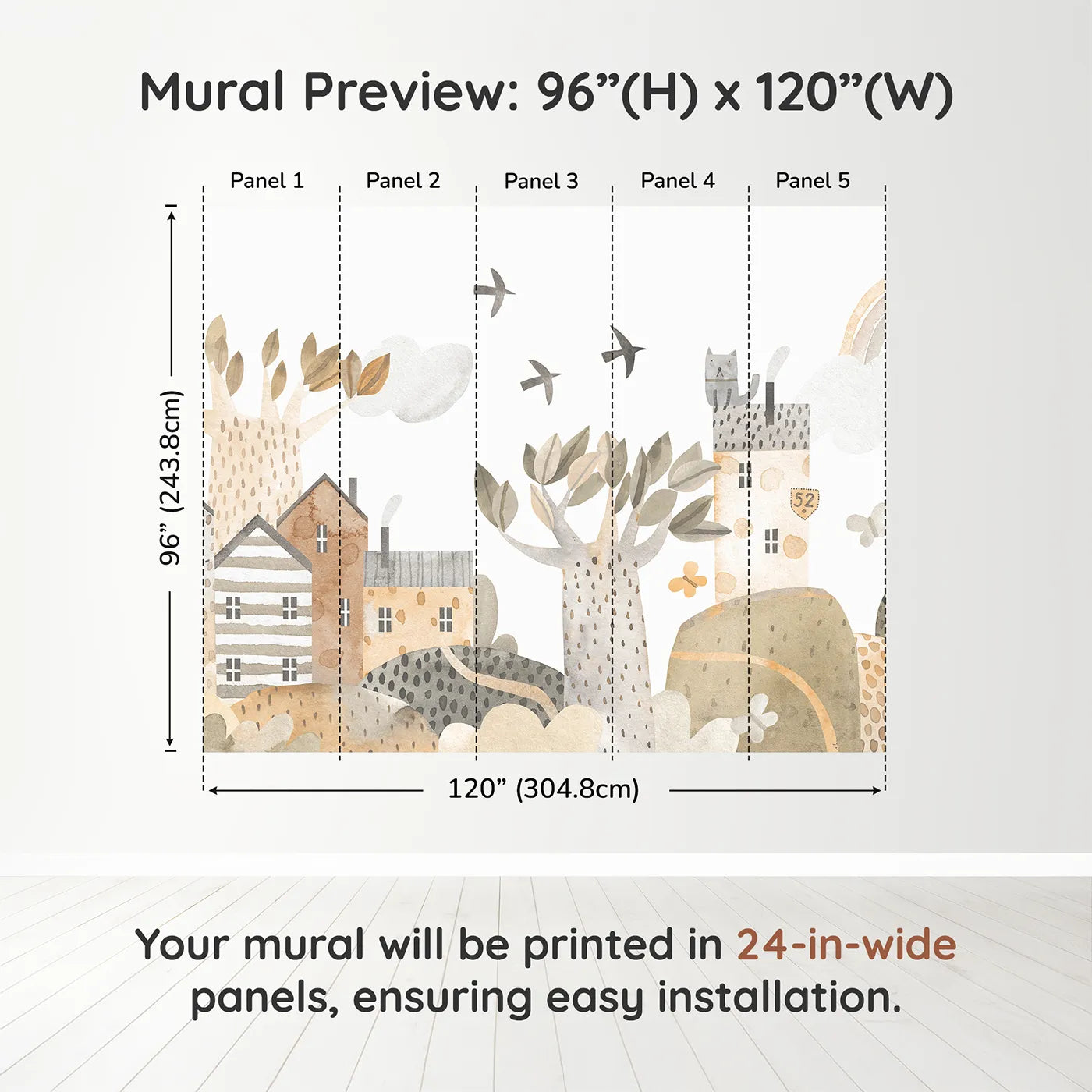 Whimsy Tots Neutral Town Street Wall Muraldimension view (96" H x 120" W). Printed in five 24-inch-wide panels. Gender-Neutral