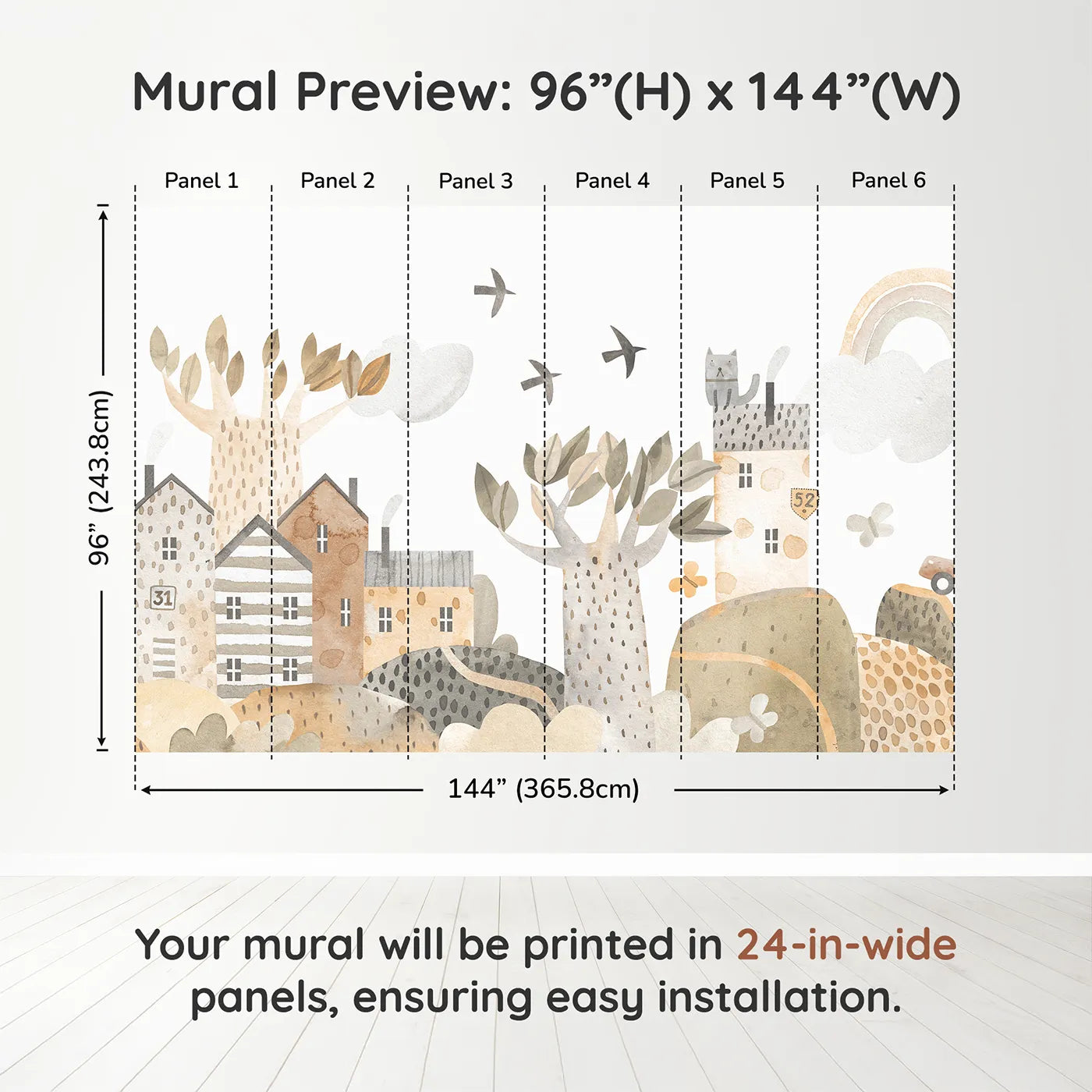 Whimsy Tots Neutral Town Street Wall Muraldimension view (96" H x 144" W). Printed in six 24-inch-wide panels. Gender-Neutral