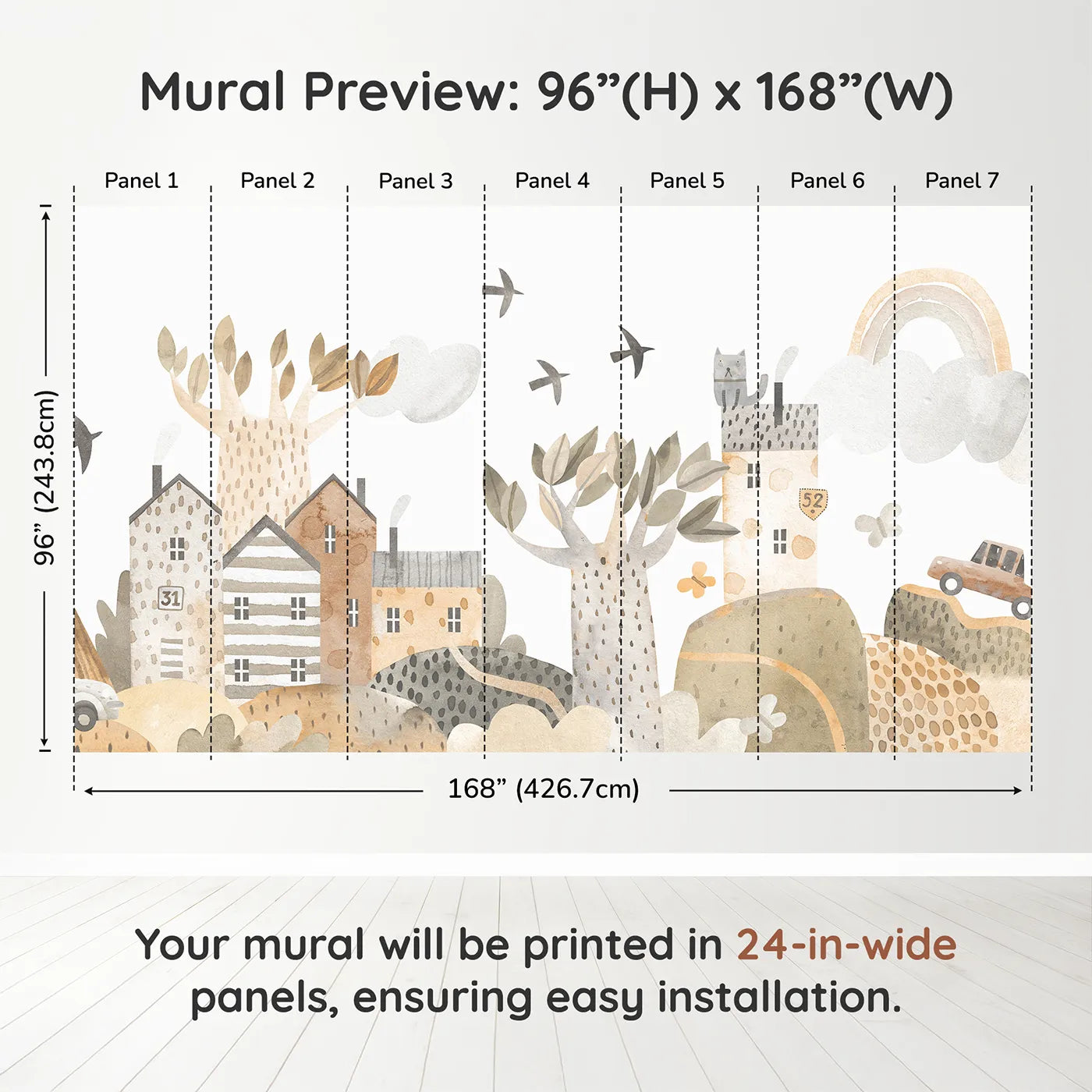 Whimsy Tots Neutral Town Street Wall Muraldimension view (96" H x 168" W). Printed in seven 24-inch-wide panels. Gender-Neutral