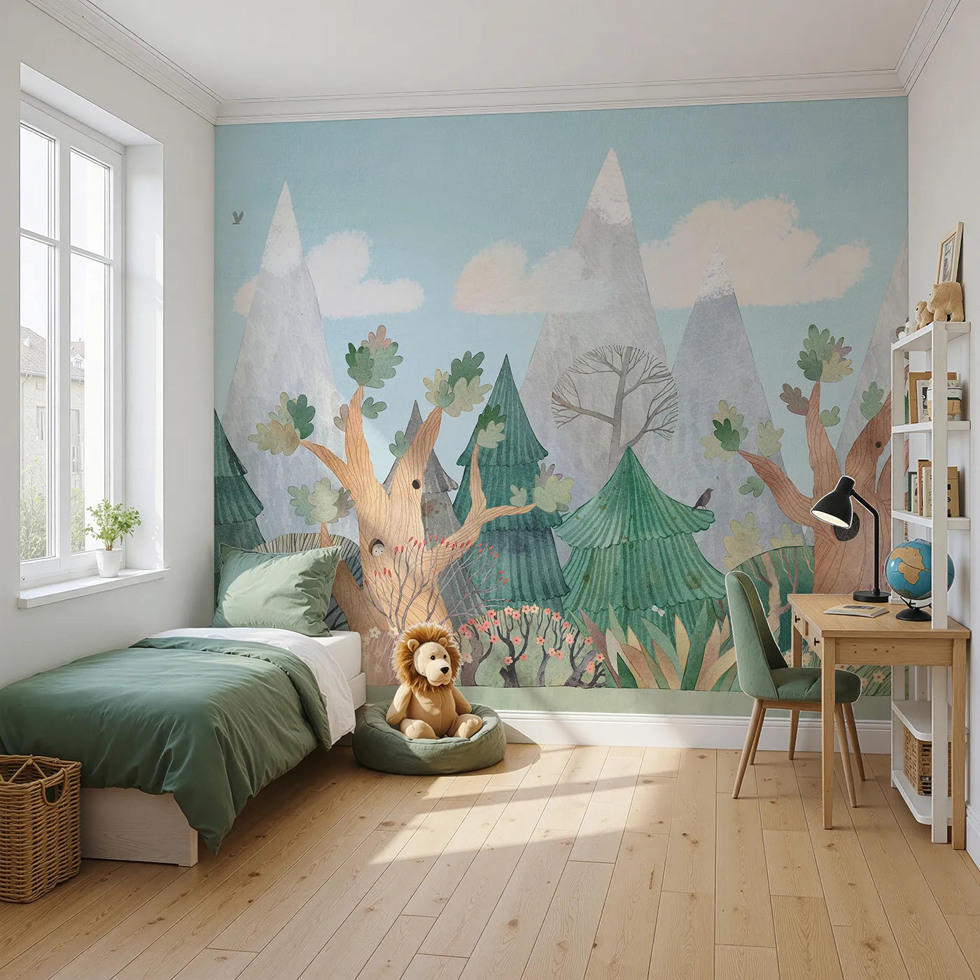 Angled view of Whimsy Tots' Whimsical Forest Border Wall Mural (Turn Their Room into a Quirky, Hand-Painted Woodland).Gender-Neutral