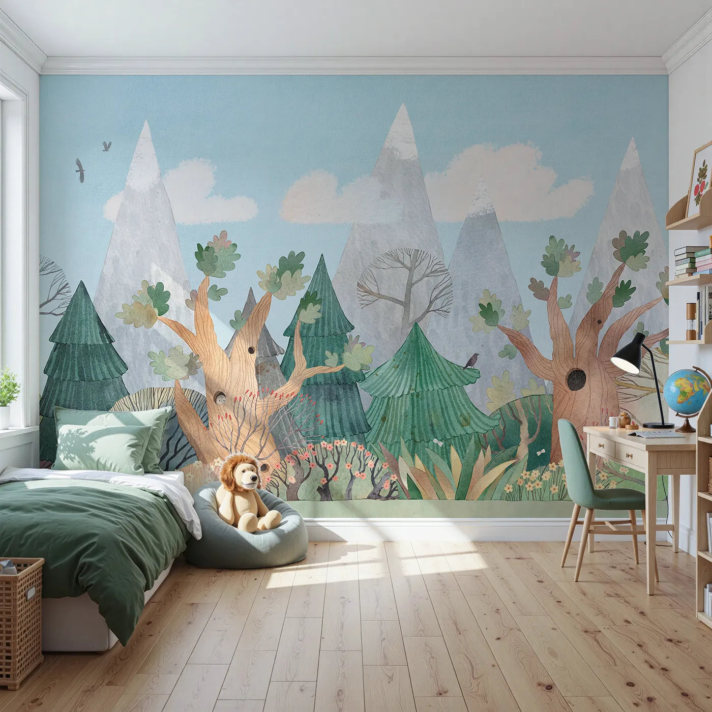 Front view of Whimsy Tots' Whimsical Forest Border Wall Mural