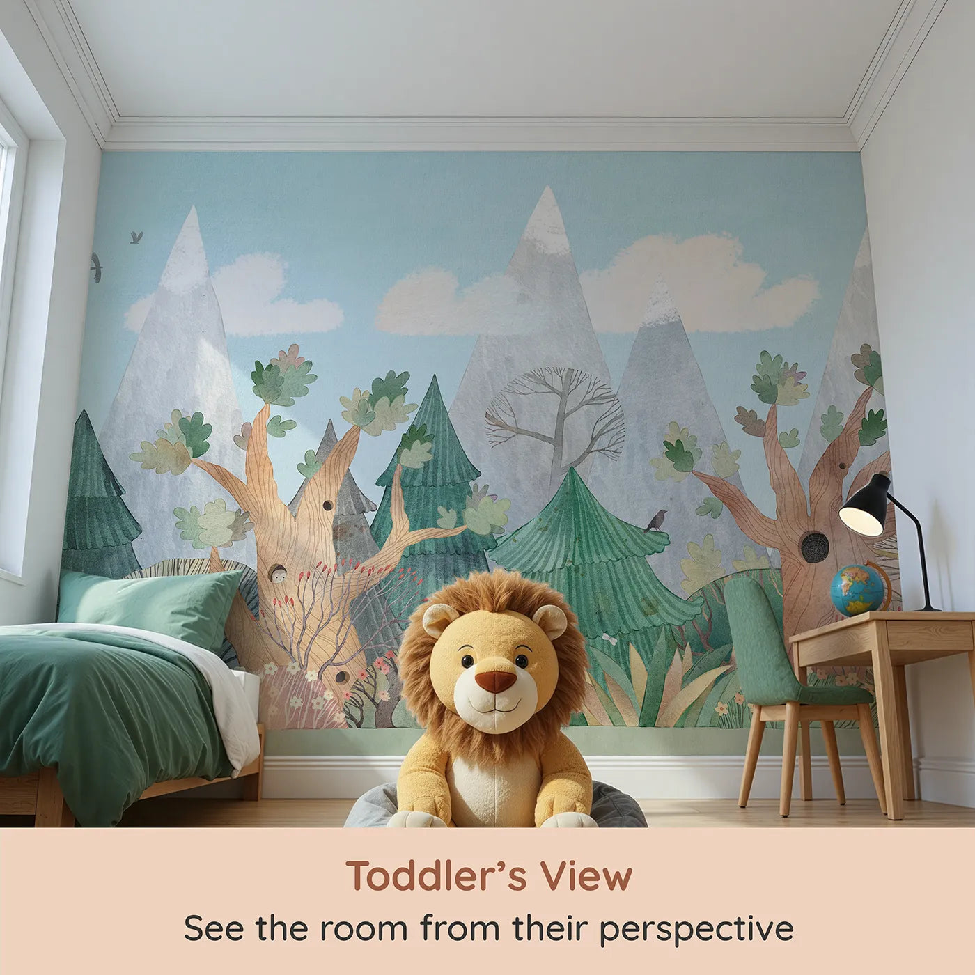 Whimsy Tots Whimsical Forest Border Wall Mural (Turn Their Room into a Quirky, Hand-Painted Woodland) from your child's view.Gender-Neutral