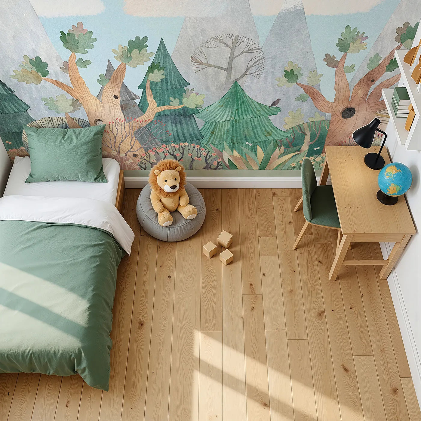Top-down view of Whimsy Tots' Whimsical Forest Border Wall Mural (Turn Their Room into a Quirky, Hand-Painted Woodland).Gender-Neutral