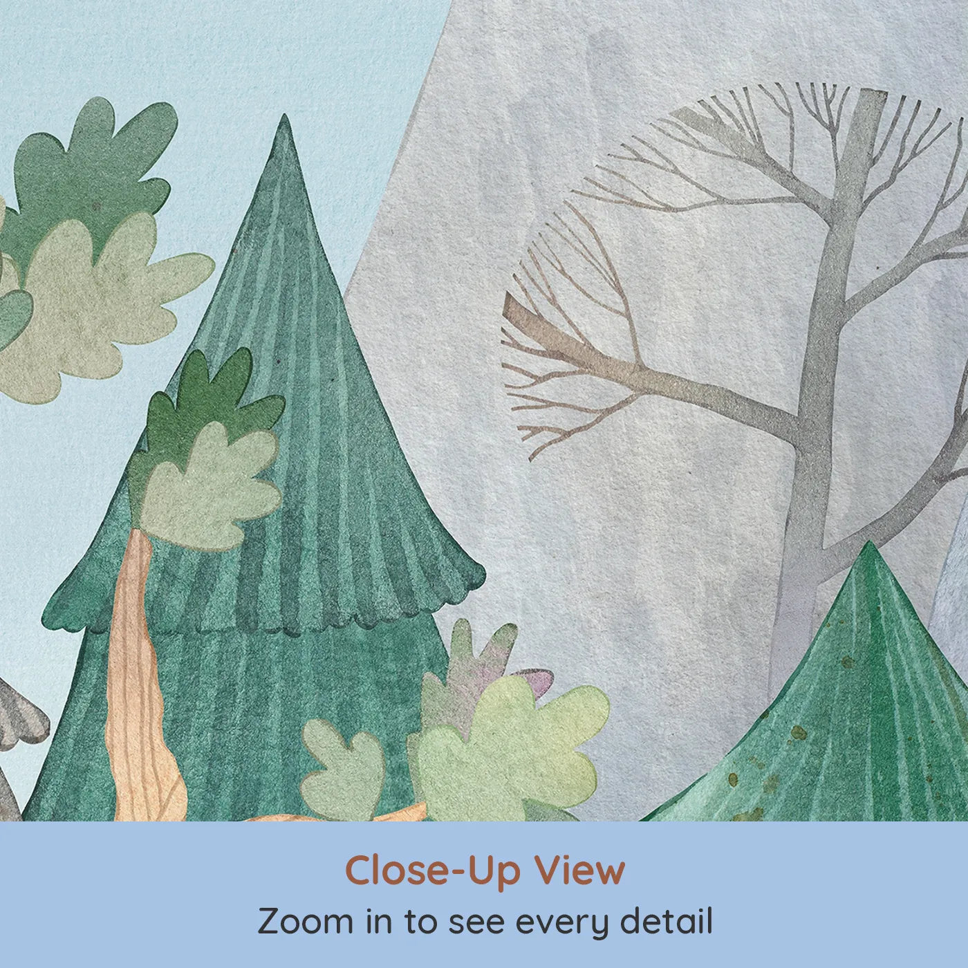Close-up view of Whimsy Tots' Whimsical Forest Border Wall Mural (Turn Their Room into a Quirky, Hand-Painted Woodland).Gender-Neutral