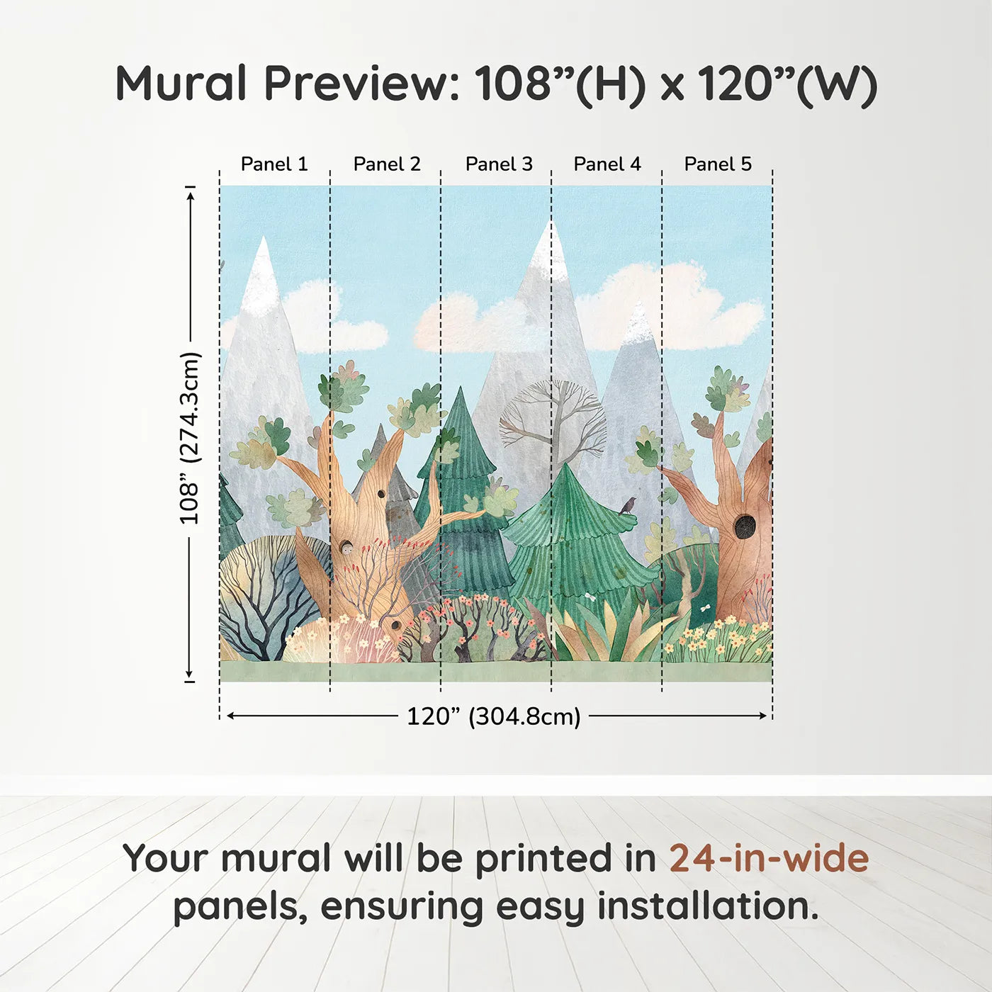Whimsy Tots Whimsical Forest Border Wall Muraldimension view (108" H x 120" W). Printed in five 24-inch-wide panels. Gender-Neutral