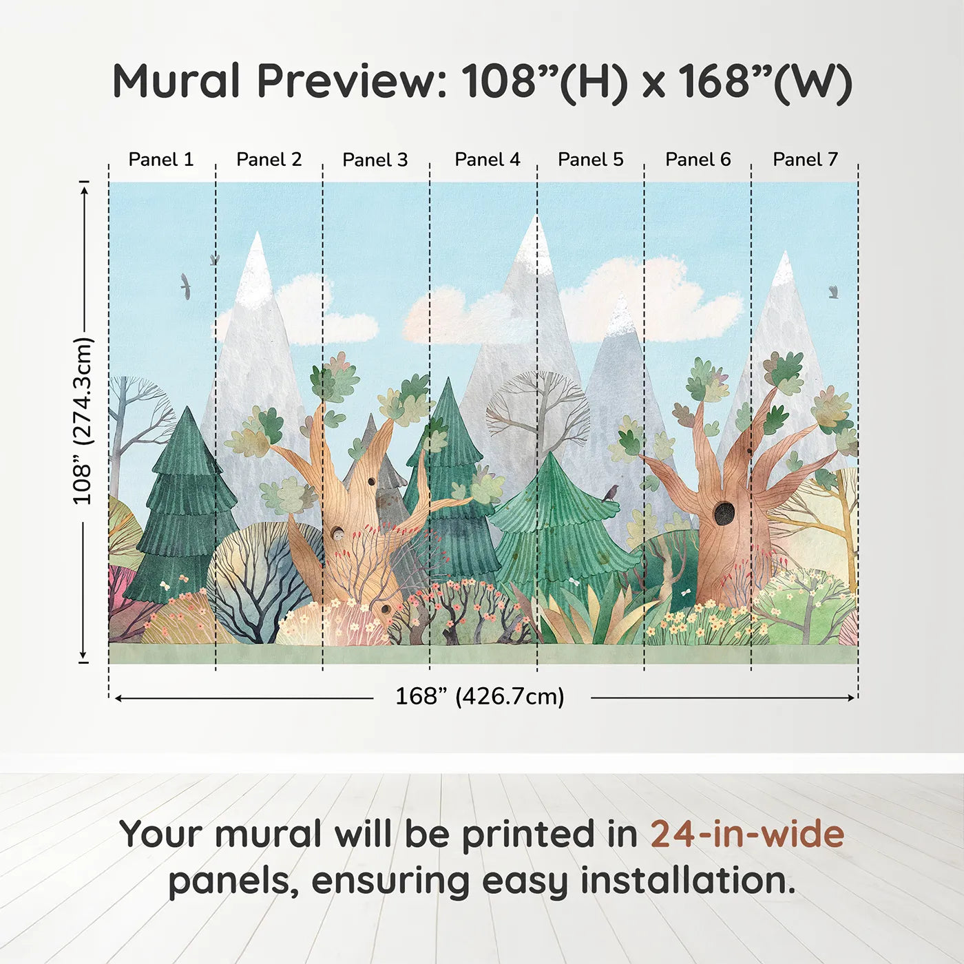 Whimsy Tots Whimsical Forest Border Wall Muraldimension view (108" H x 168" W). Printed in seven 24-inch-wide panels. Gender-Neutral