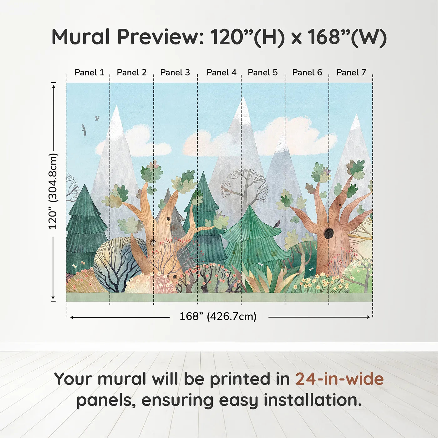 Whimsy Tots Whimsical Forest Border Wall Muraldimension view (120" H x 168" W). Printed in seven 24-inch-wide panels. Gender-Neutral