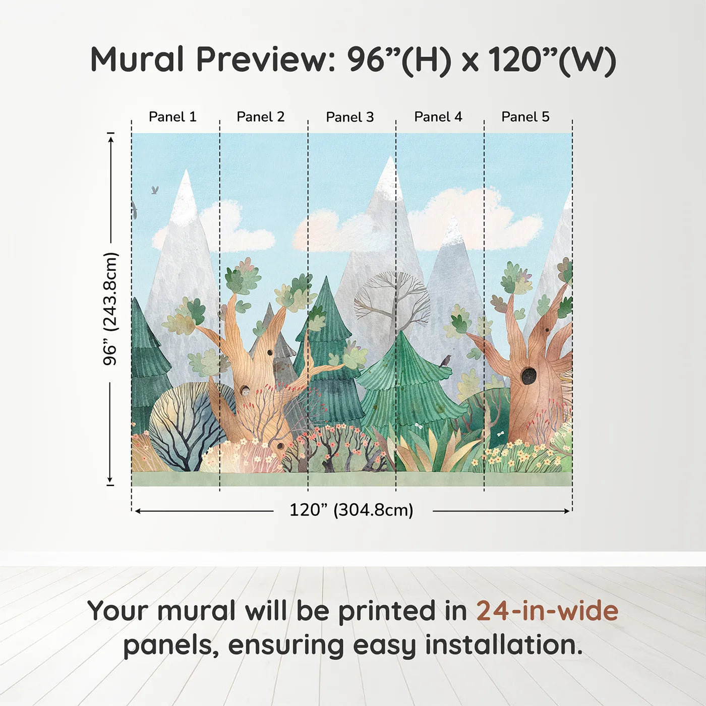 Whimsy Tots Whimsical Forest Border Wall Muraldimension view (96" H x 120" W). Printed in five 24-inch-wide panels. Gender-Neutral